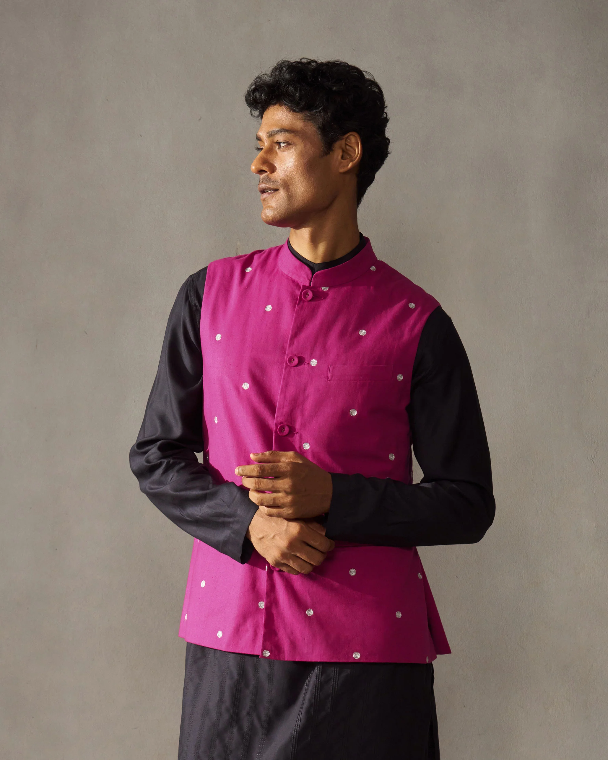 Nehru Jacket - Magenta & Silver Embroidered - Image 3