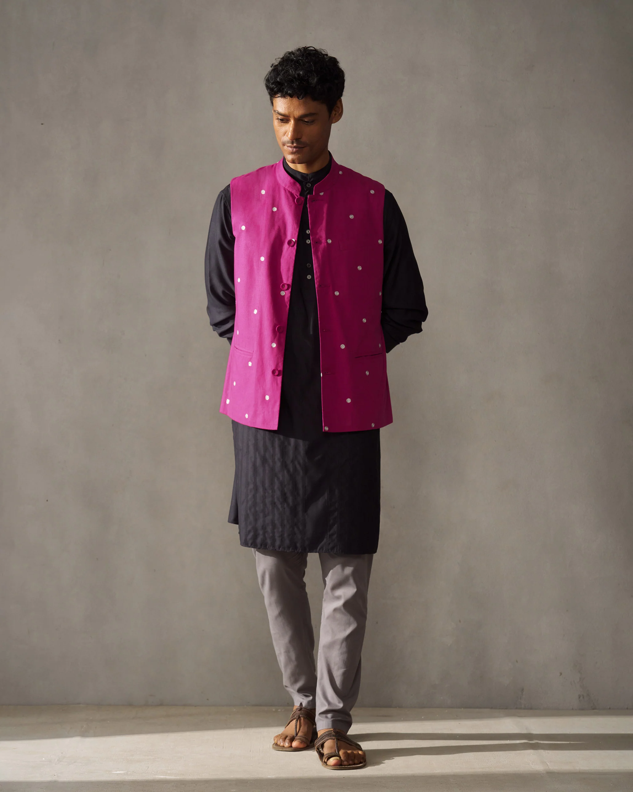 Nehru Jacket - Magenta & Silver Embroidered - Image 5