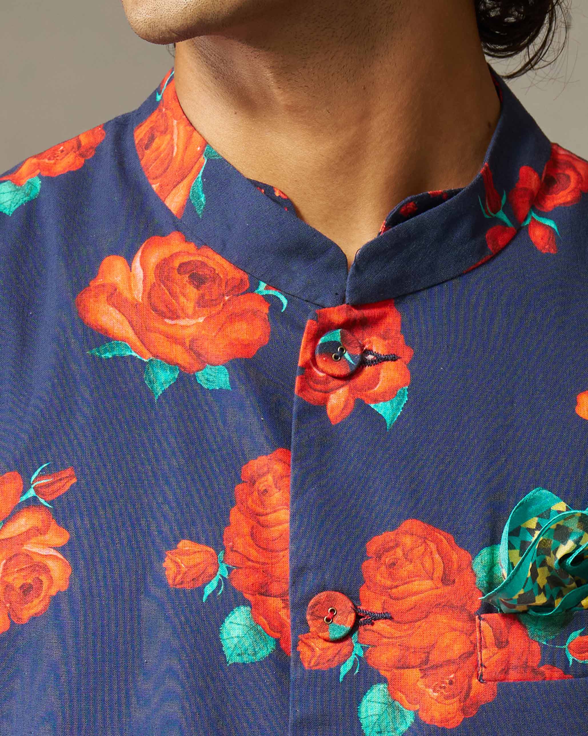 Nehru Jacket - Red & Navy Print - Image 2
