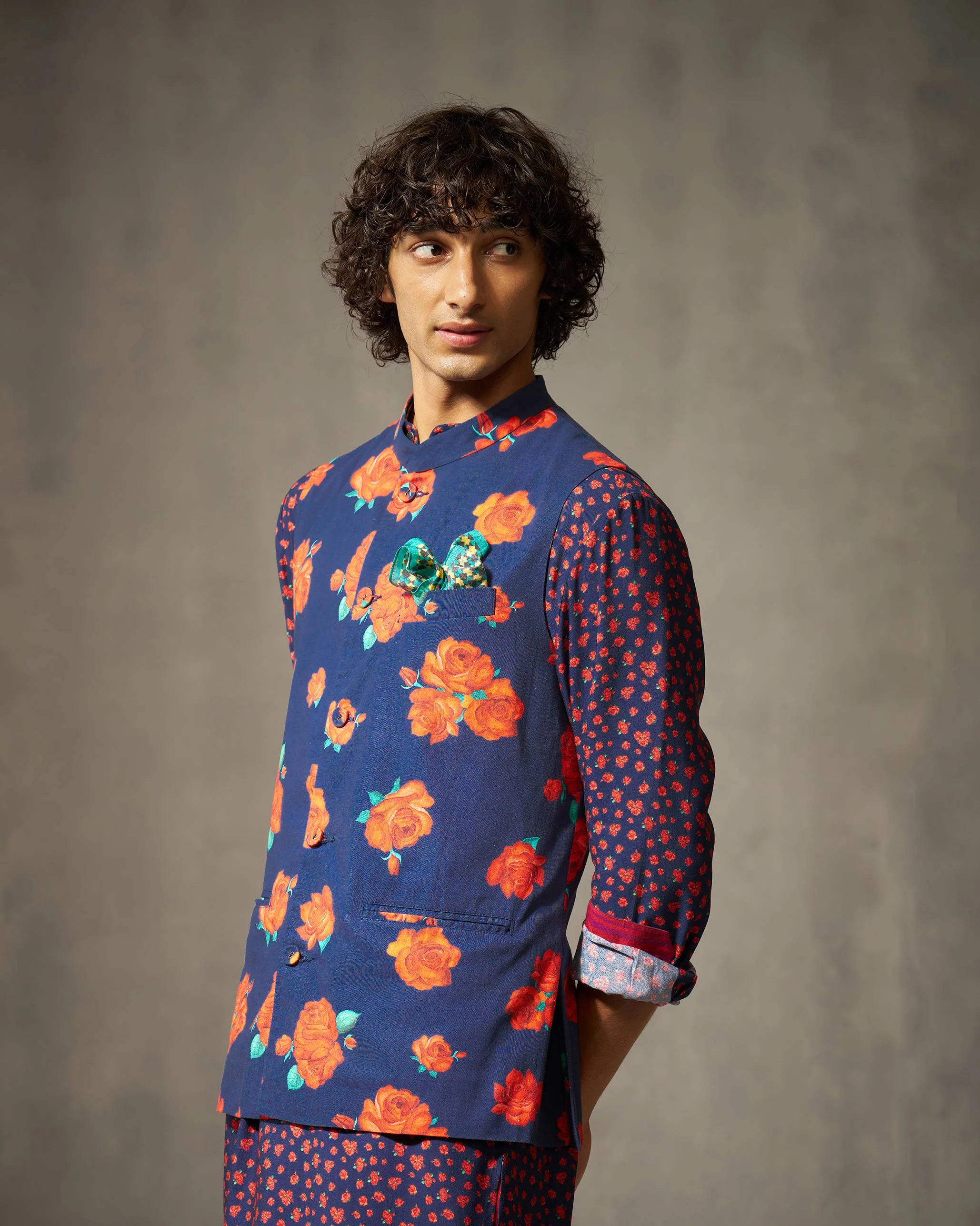 Nehru Jacket - Red & Navy Print - Image 3