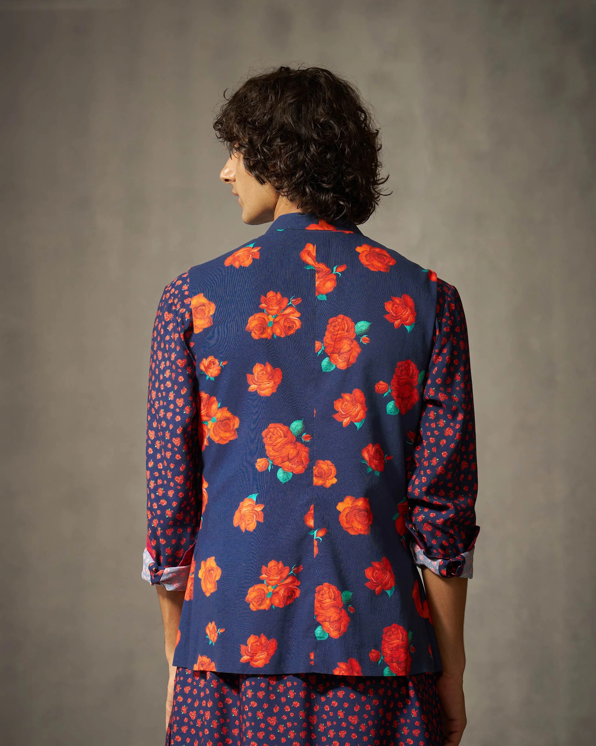 Nehru Jacket - Red & Navy Print - Image 4