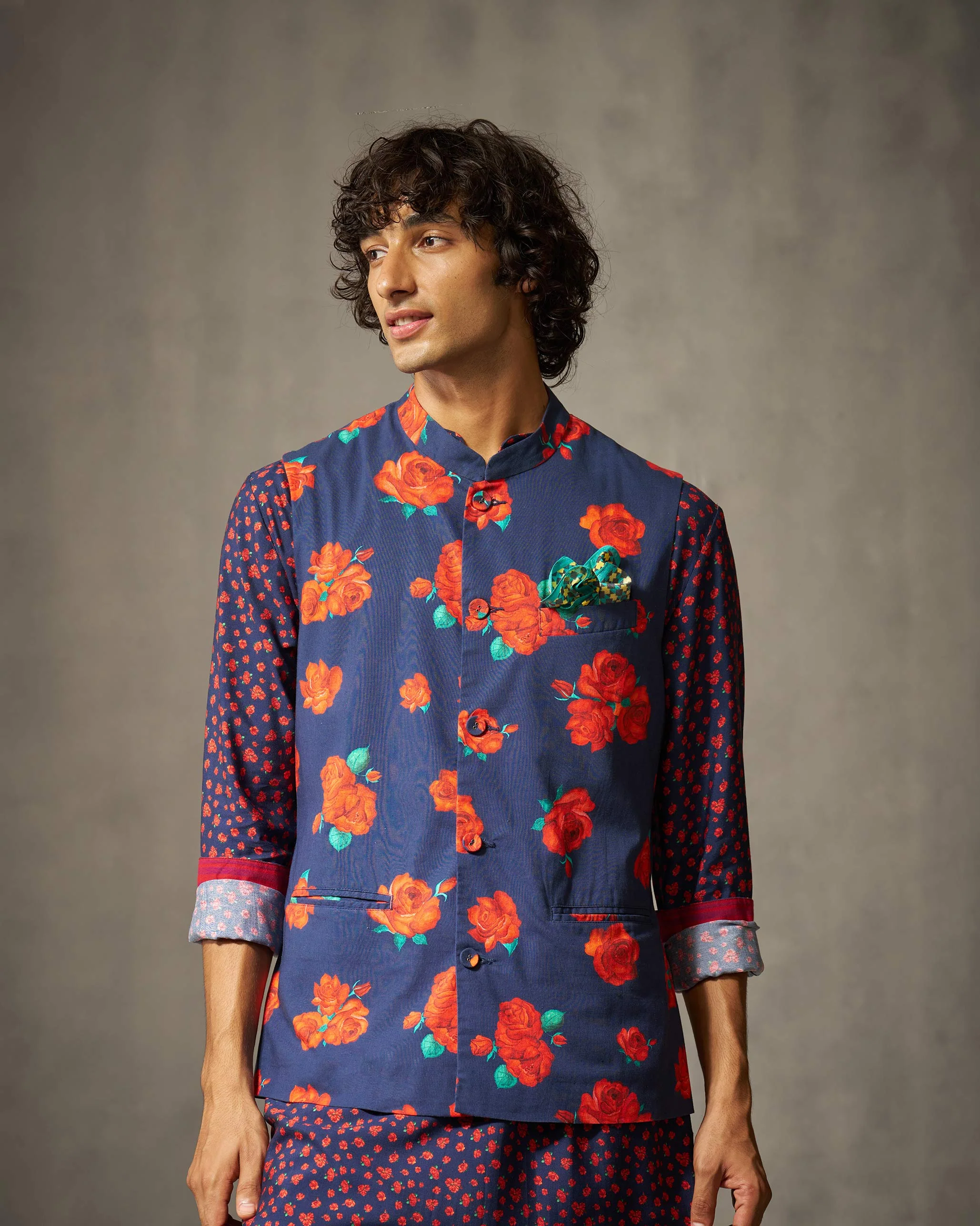 Nehru Jacket - Red & Navy Print - Image 5