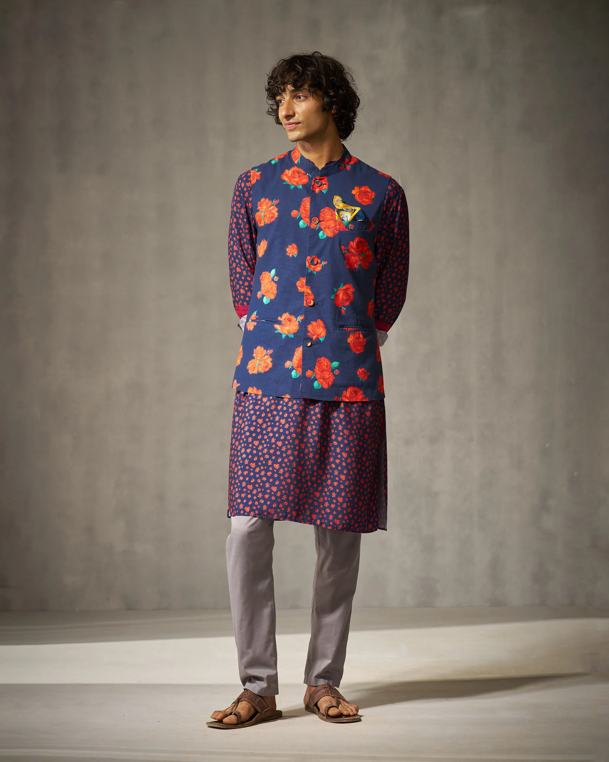 Nehru Jacket - Red & Navy Print - Image 6