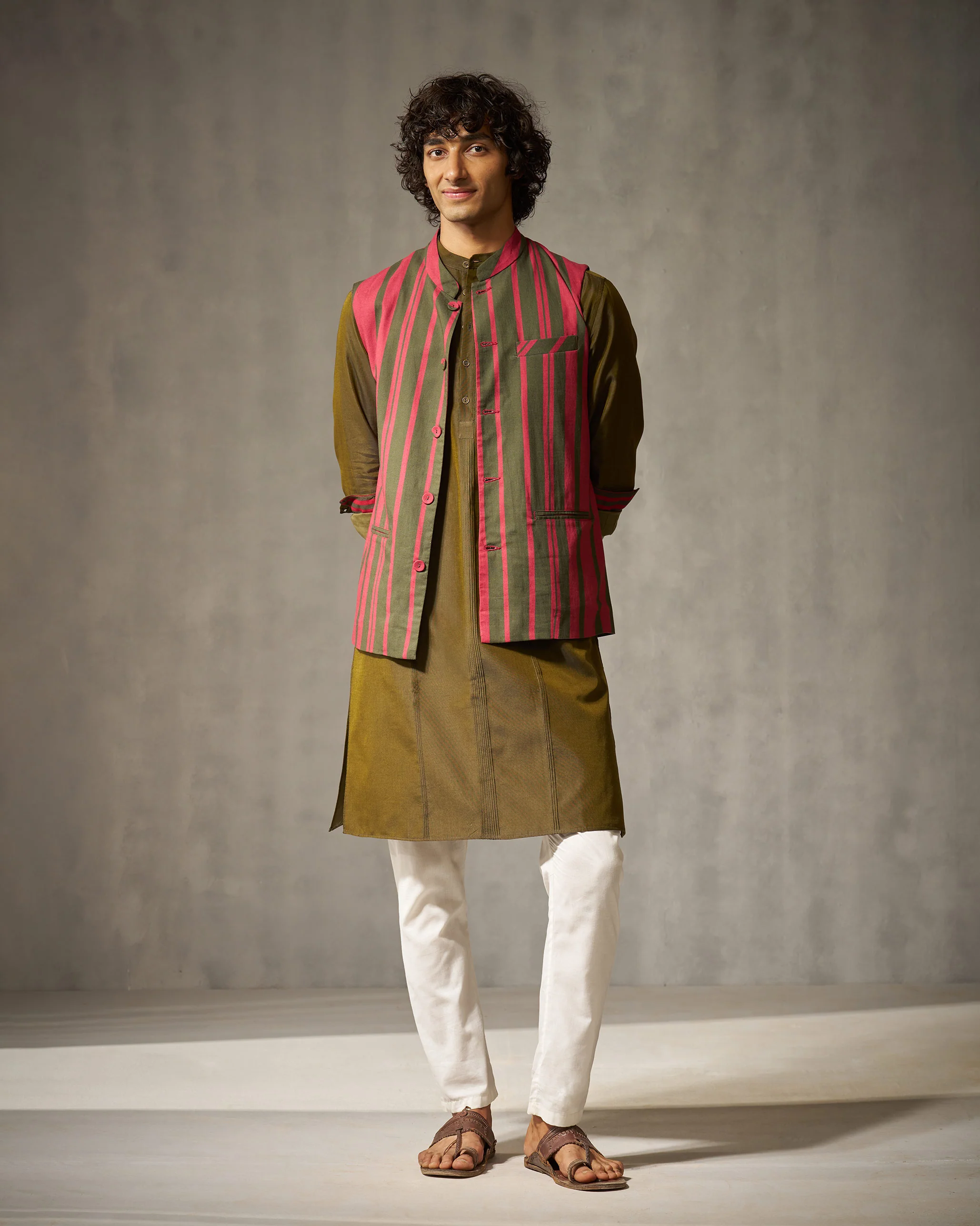 Nehru Jacket - Red & Oak Brown Print - Image 2