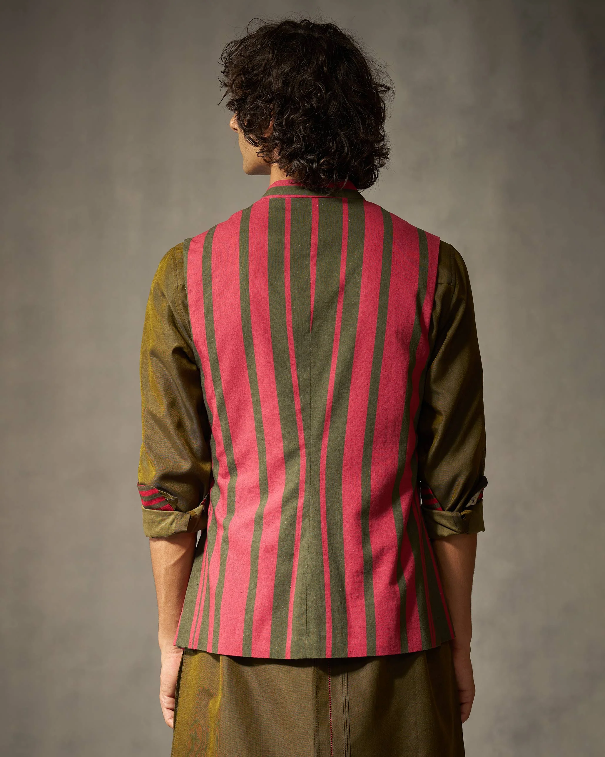 Nehru Jacket - Red & Oak Brown Print - Image 3