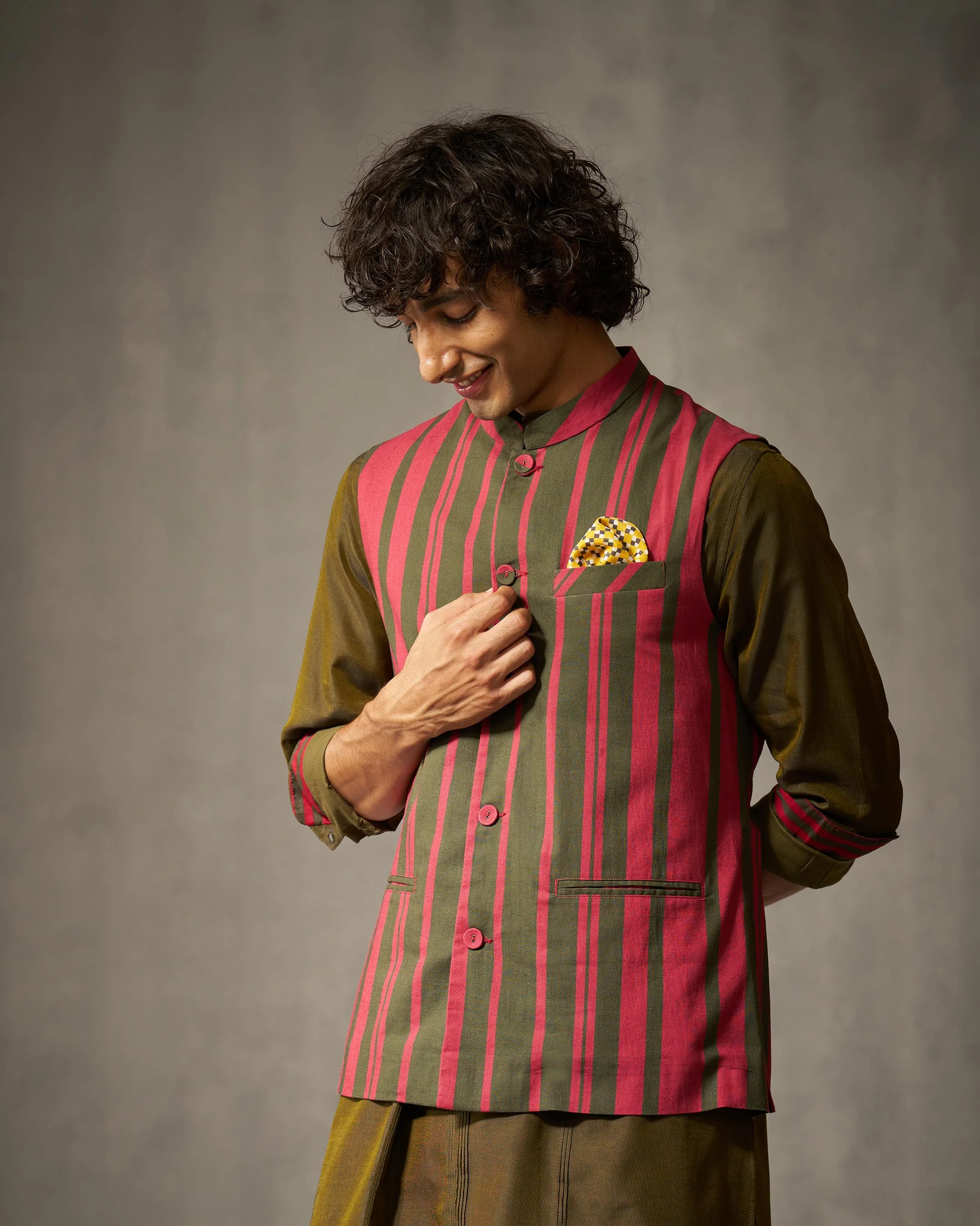 Nehru Jacket - Red & Oak Brown Print - Image 4