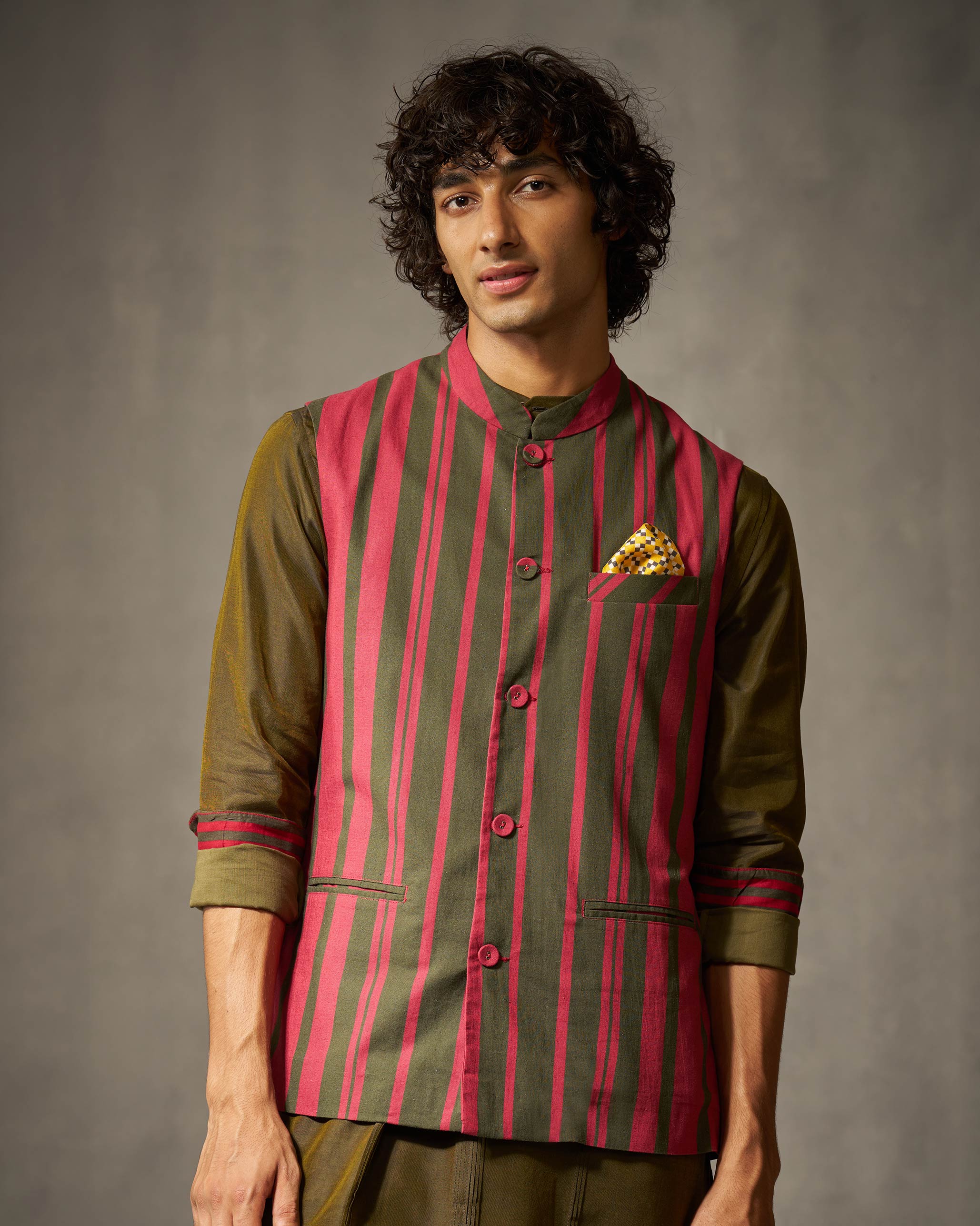 Nehru Jacket - Red & Oak Brown Print - Image 5