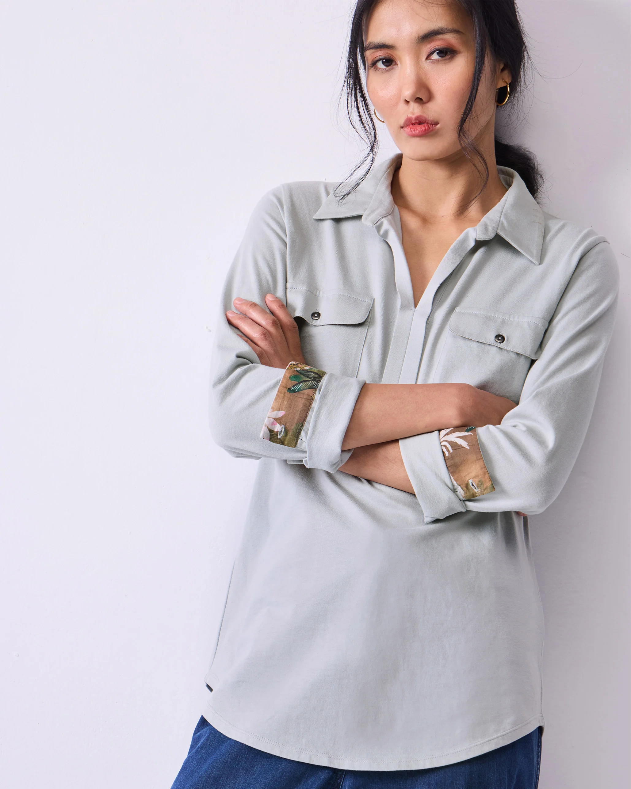 Open Collar Top - Grey - Image 2
