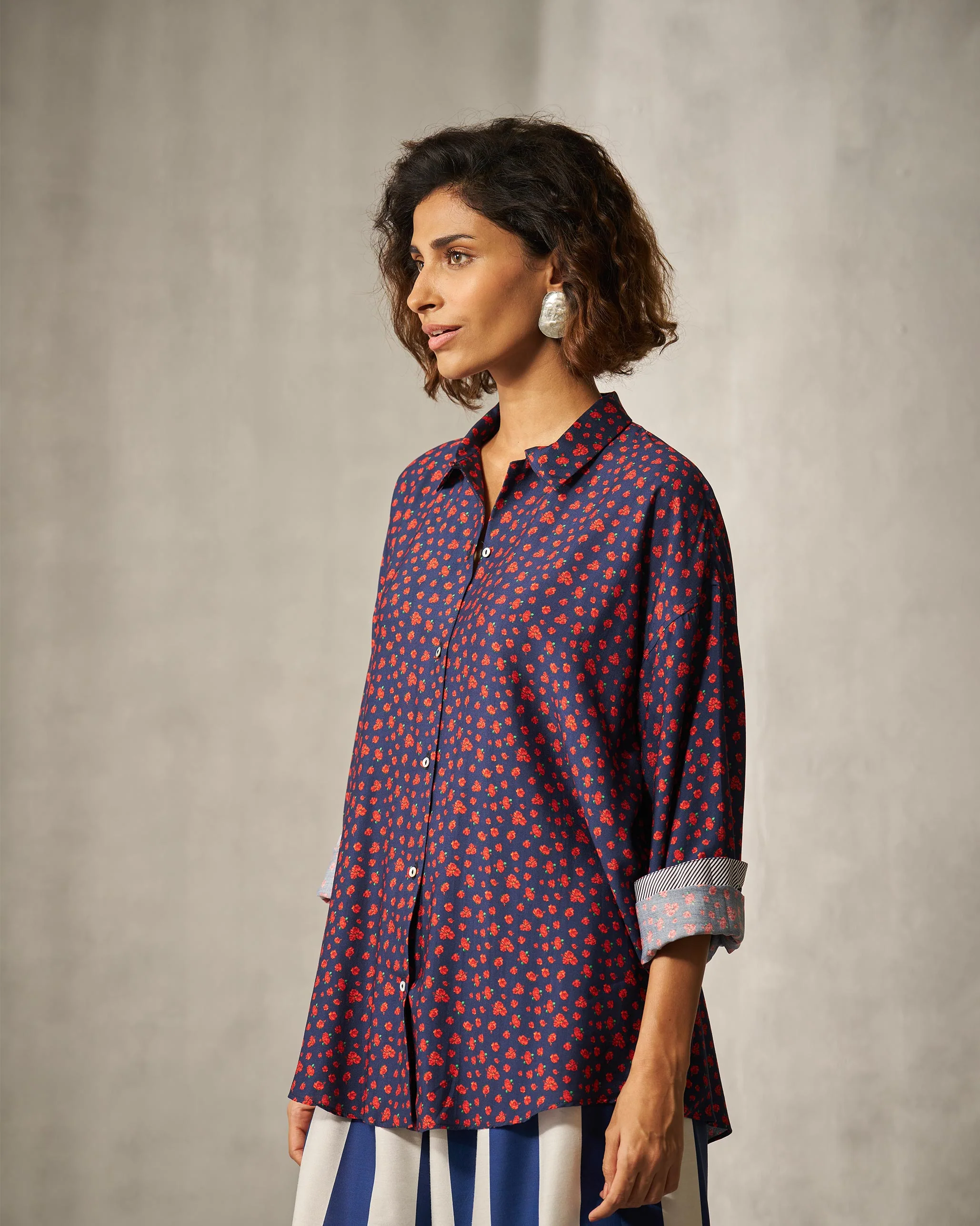 Oversized Shirt - Navy & Red Print - Image 3
