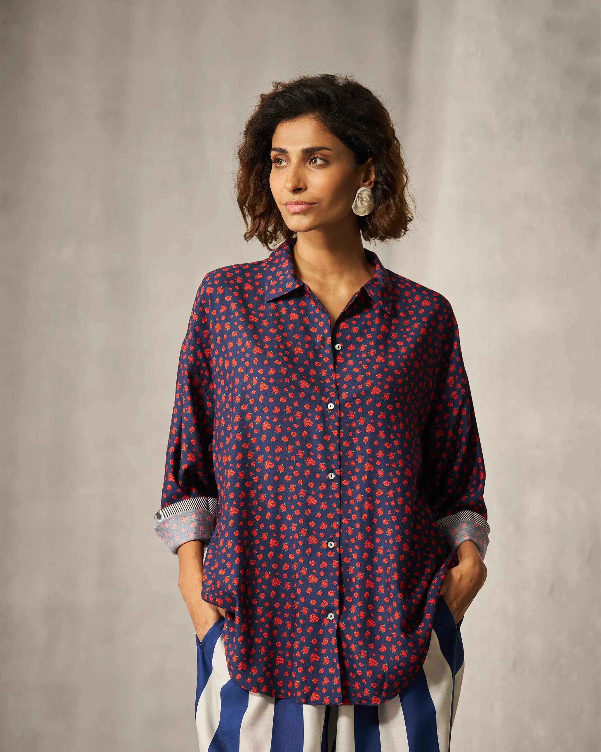 Oversized Shirt - Navy & Red Print - Image 6