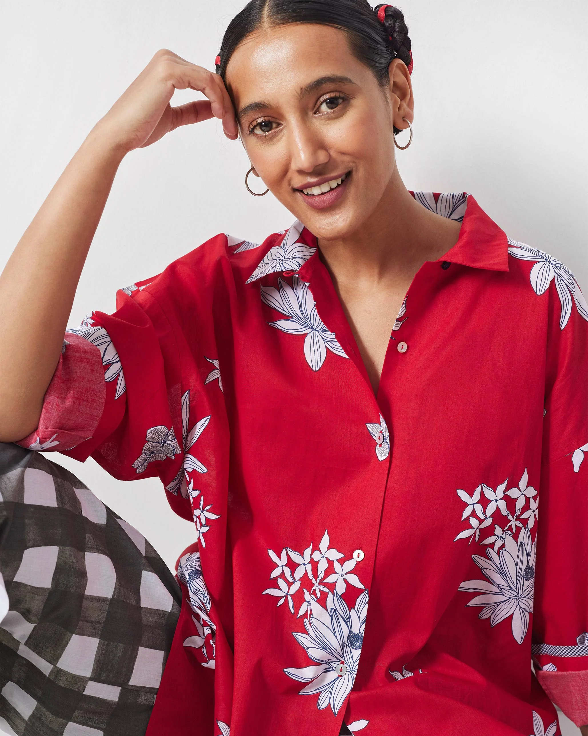 Oversized Shirt - Red & White Print - Image 2