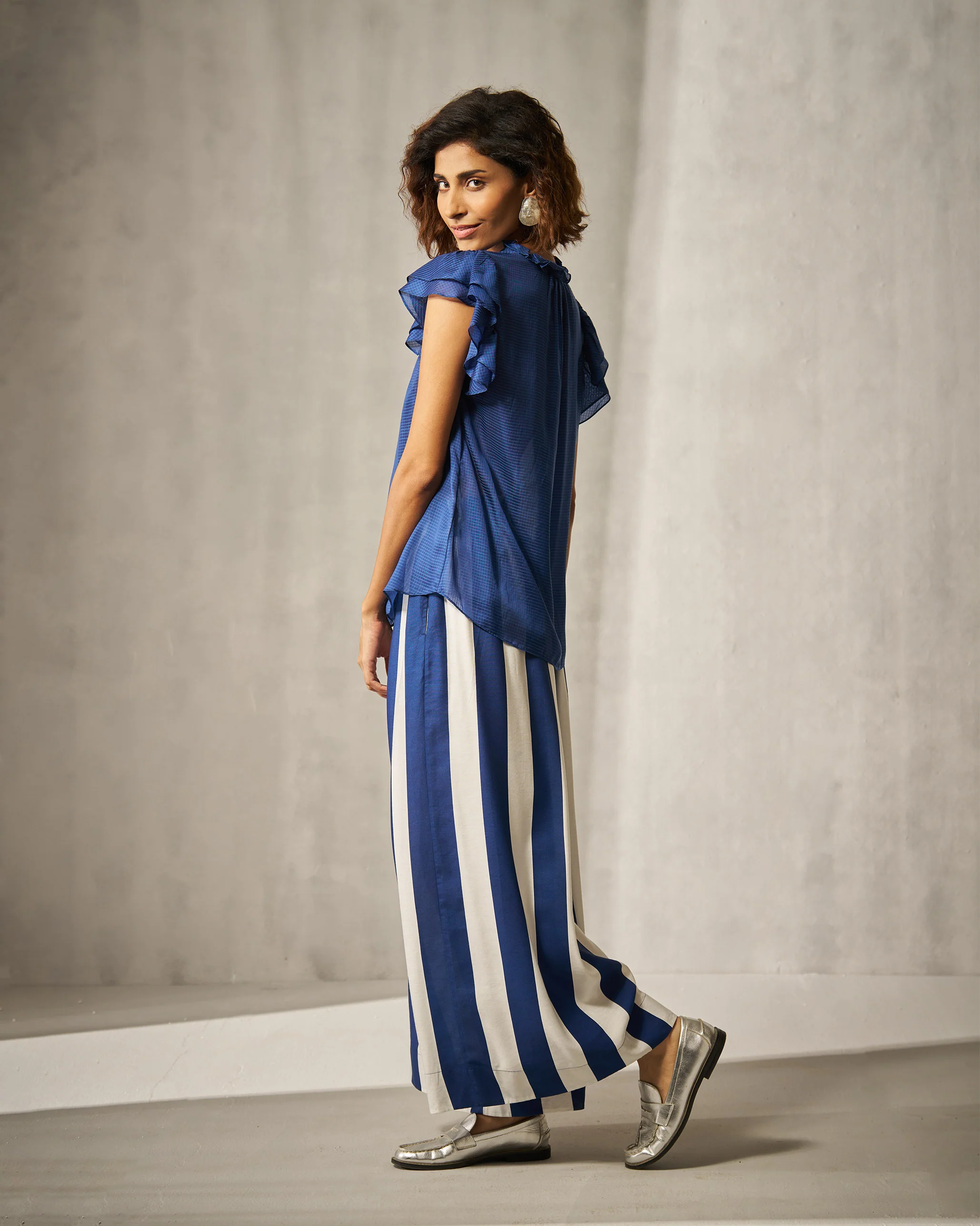 Paperbag Waist Pants - Navy & Ivory Print - Image 6