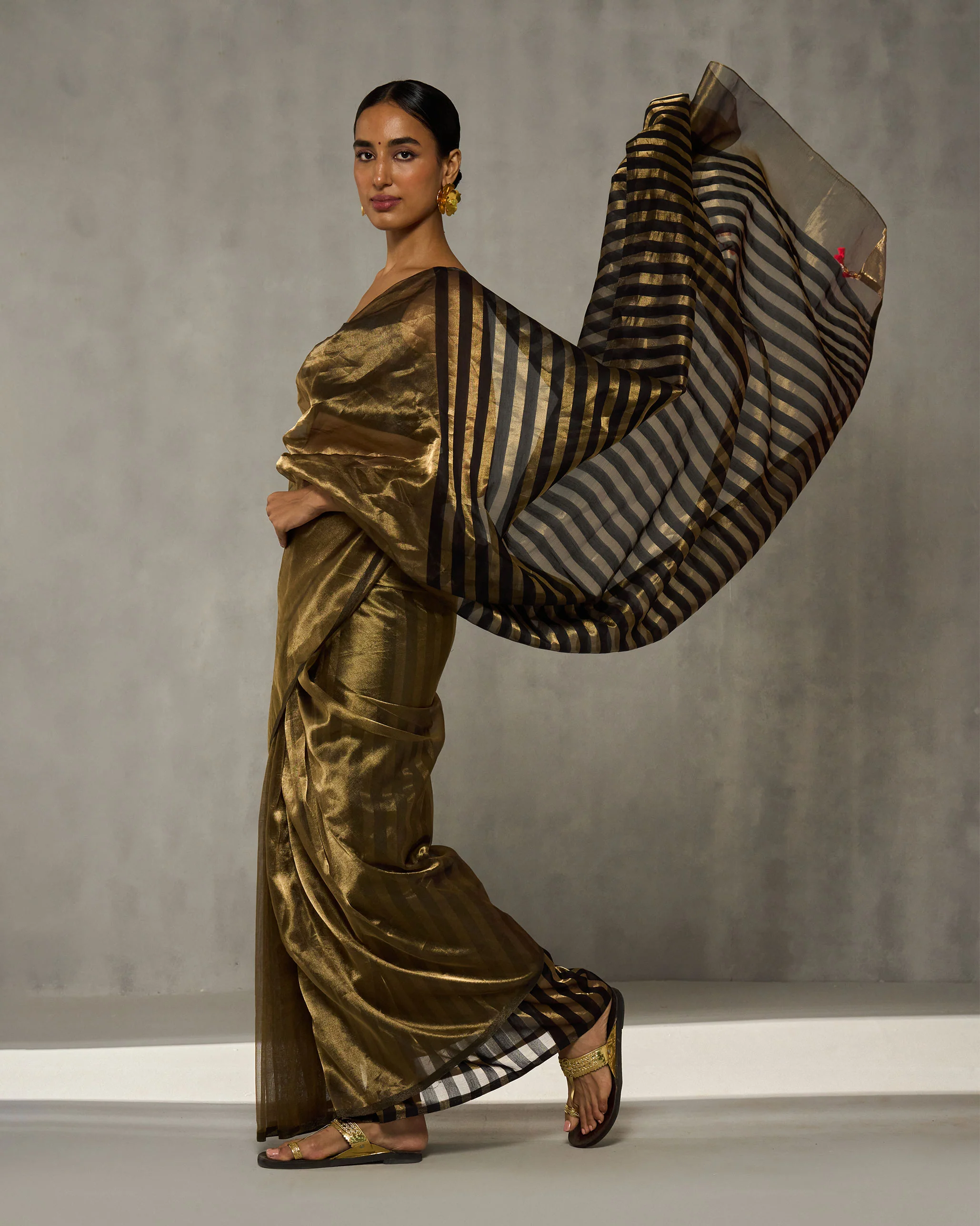 Party Stripes Sari - Gold & Black - Image 2