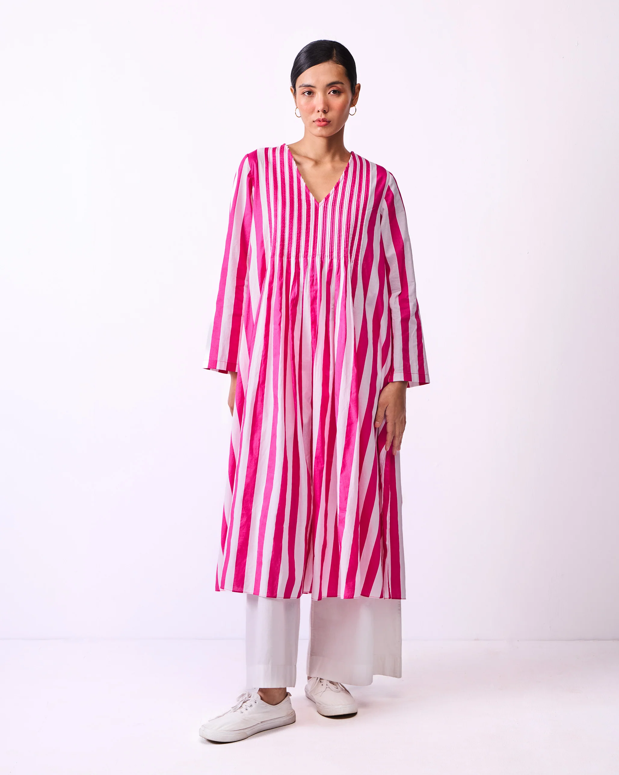 Pintuck Kurta - Fuchsia & White Stripes - Image 2