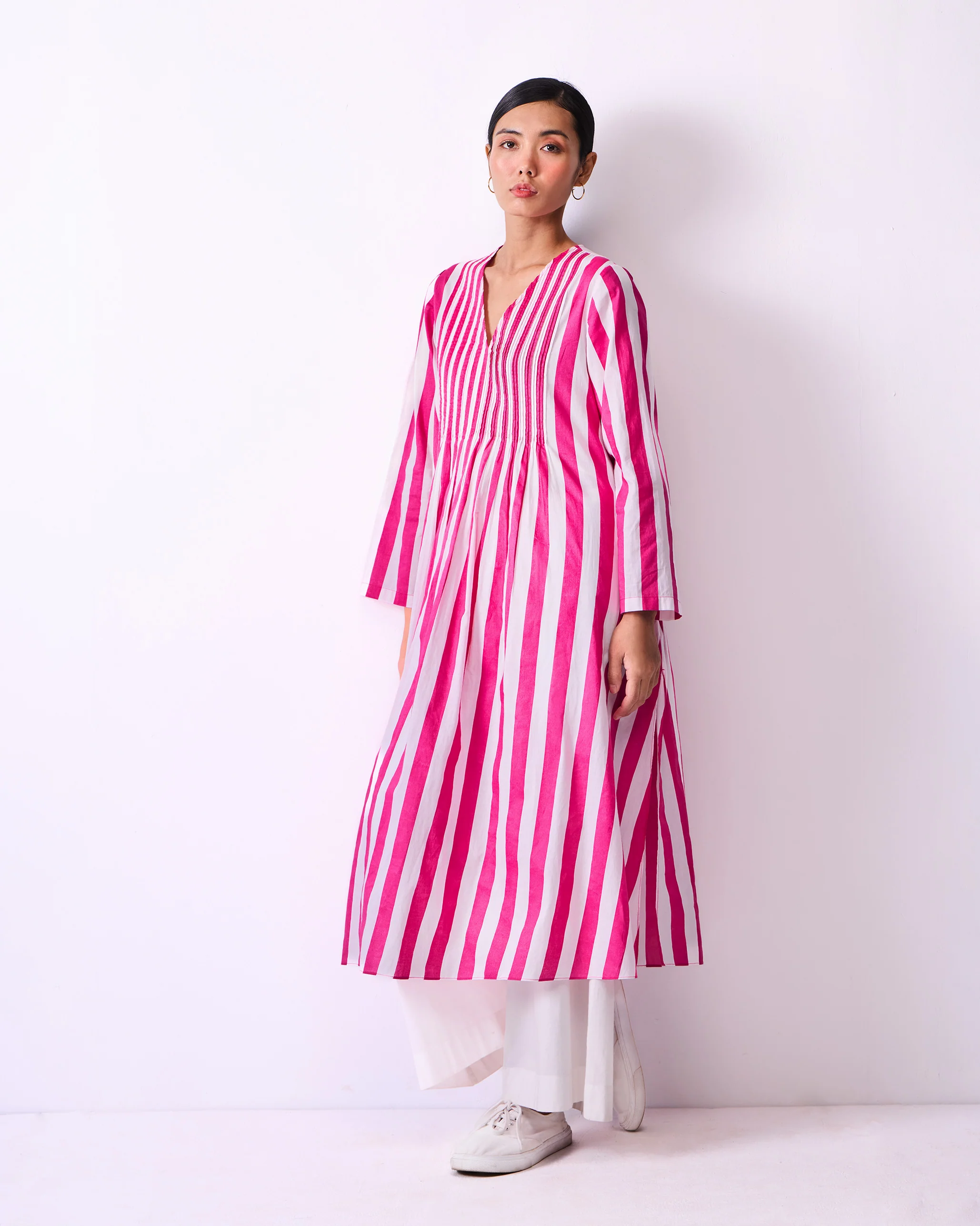 Pintuck Kurta - Fuchsia & White Stripes - Image 5