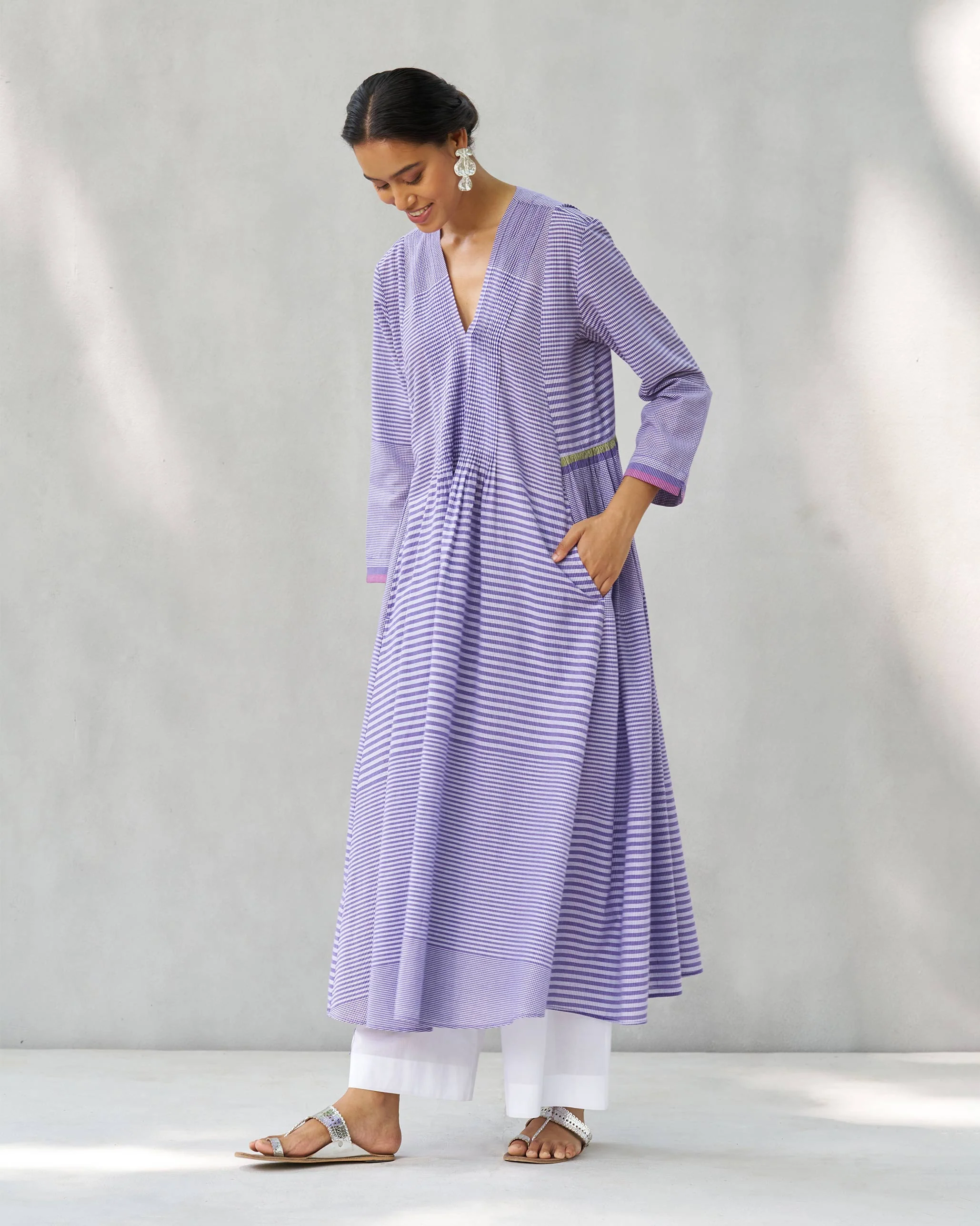 Pintuck Kurta - Purple & White - Image 4