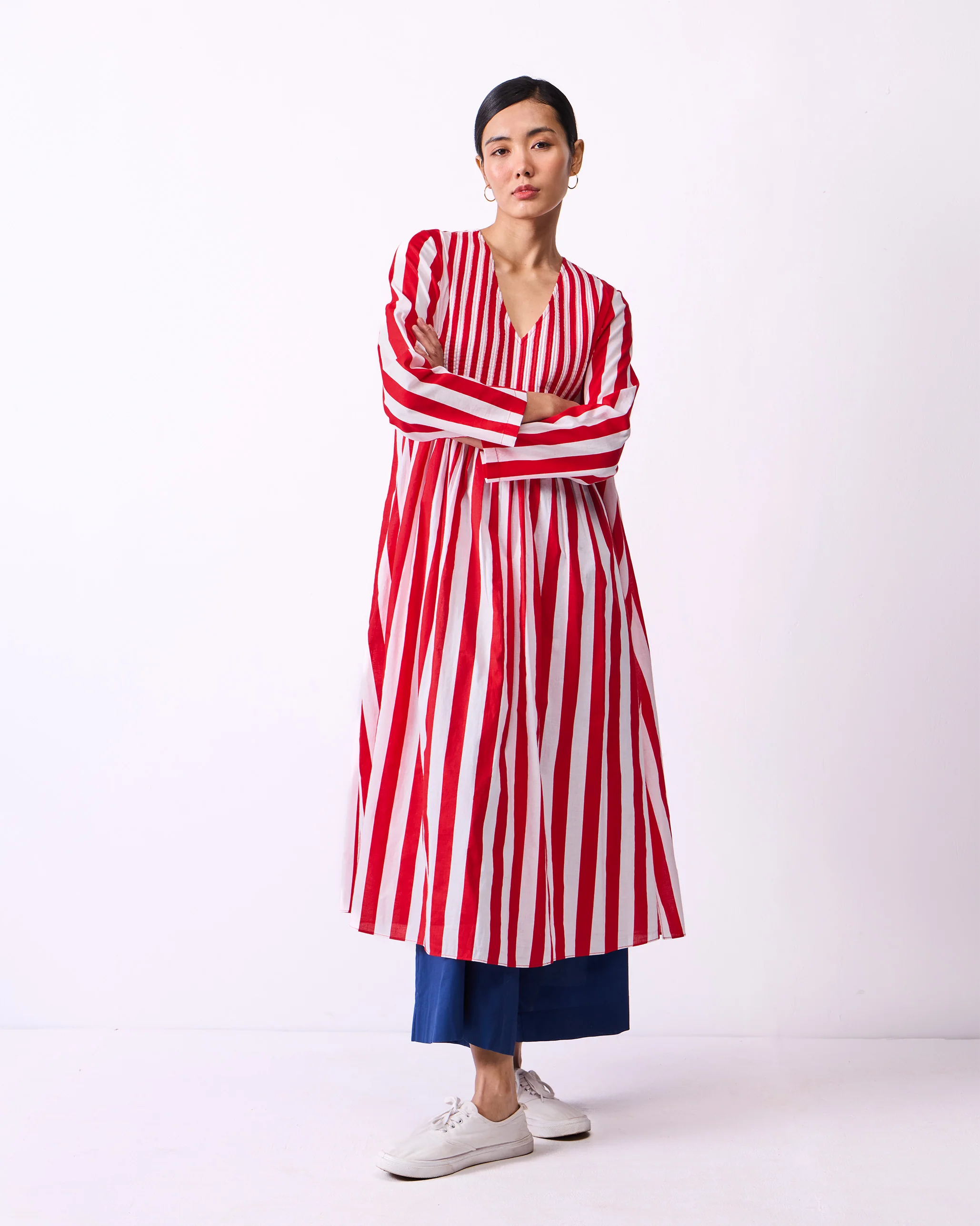 Pintuck Kurta - Red & White Stripes - Image 2