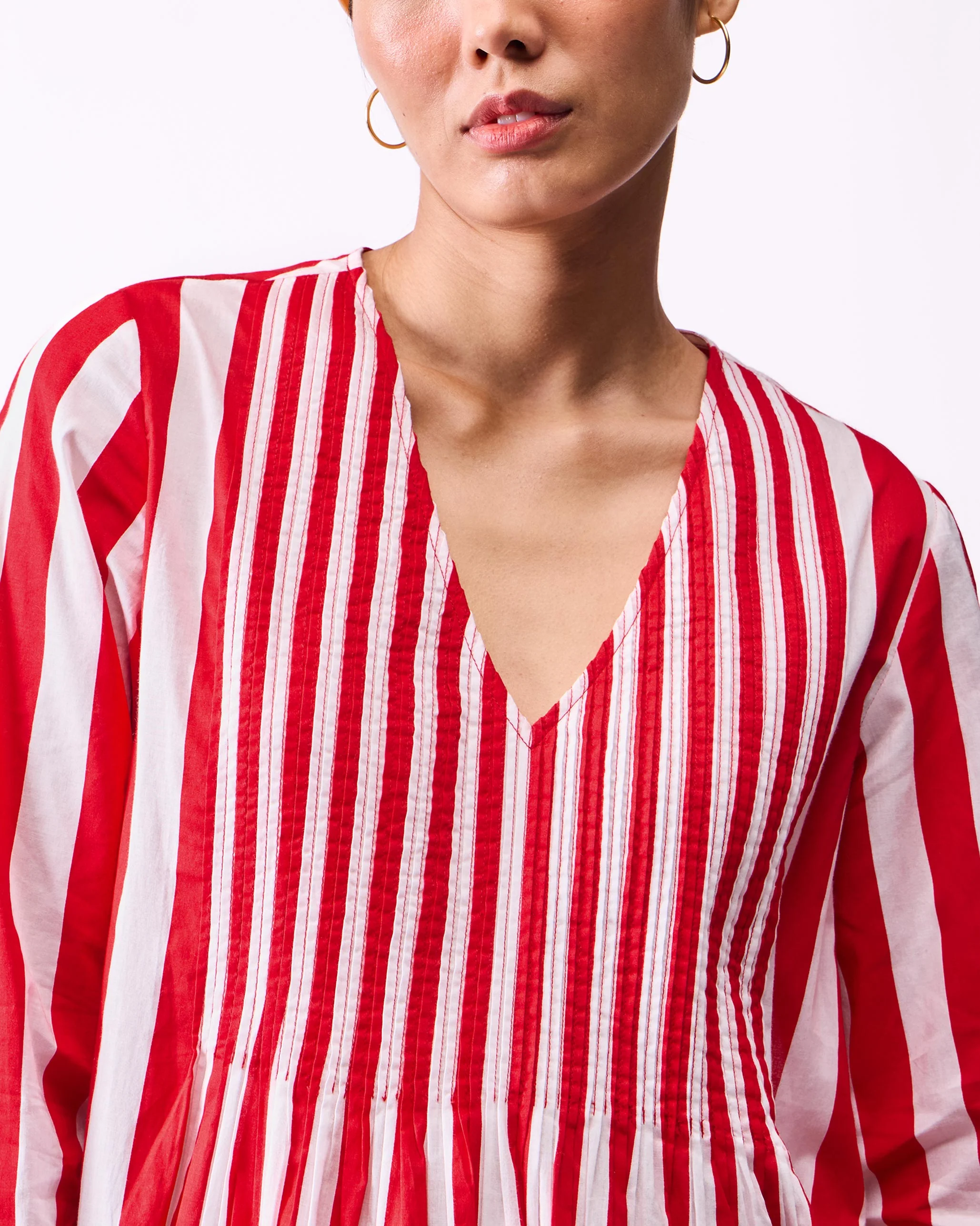 Pintuck Kurta - Red & White Stripes - Image 5