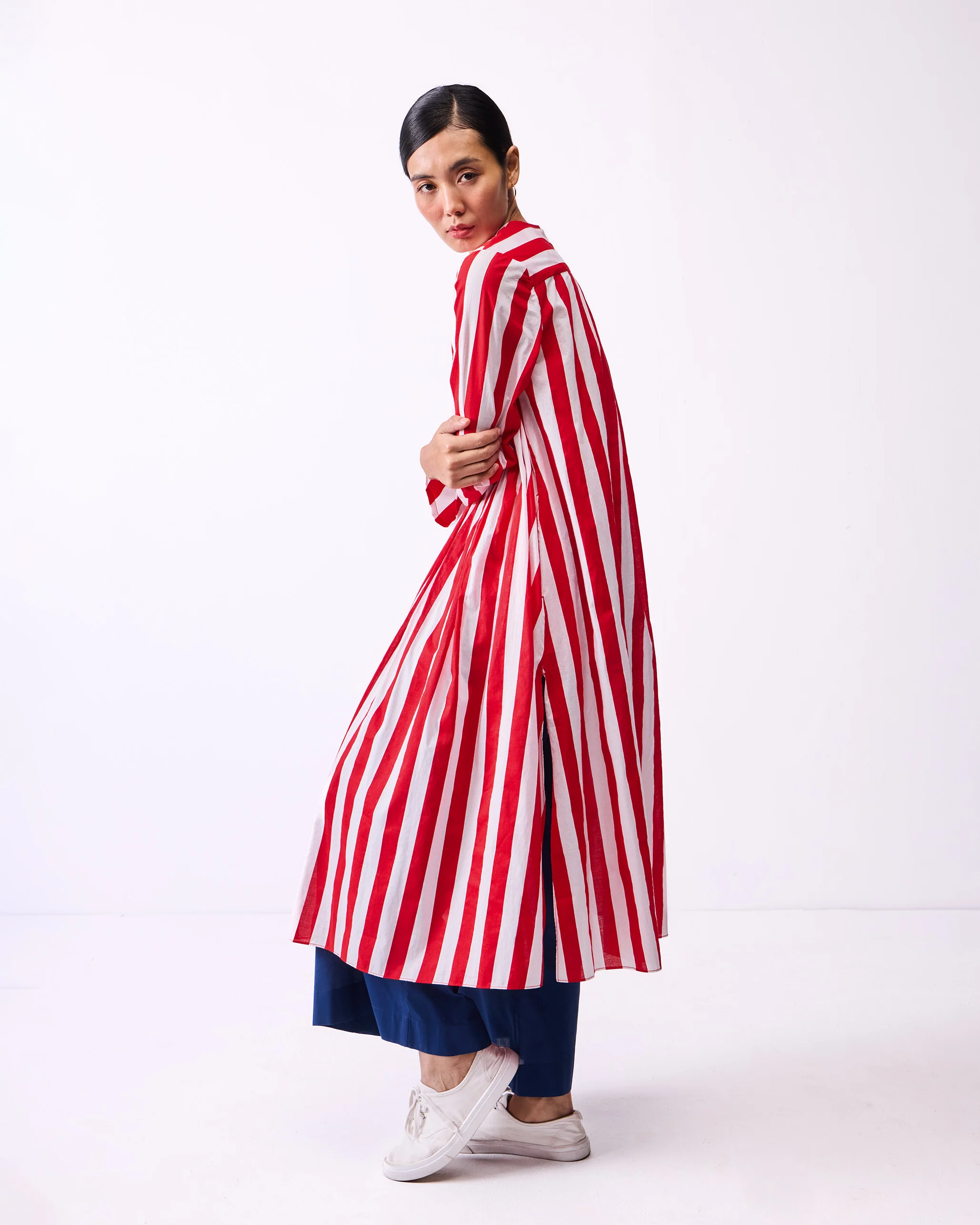 Pintuck Kurta - Red & White Stripes - Image 7