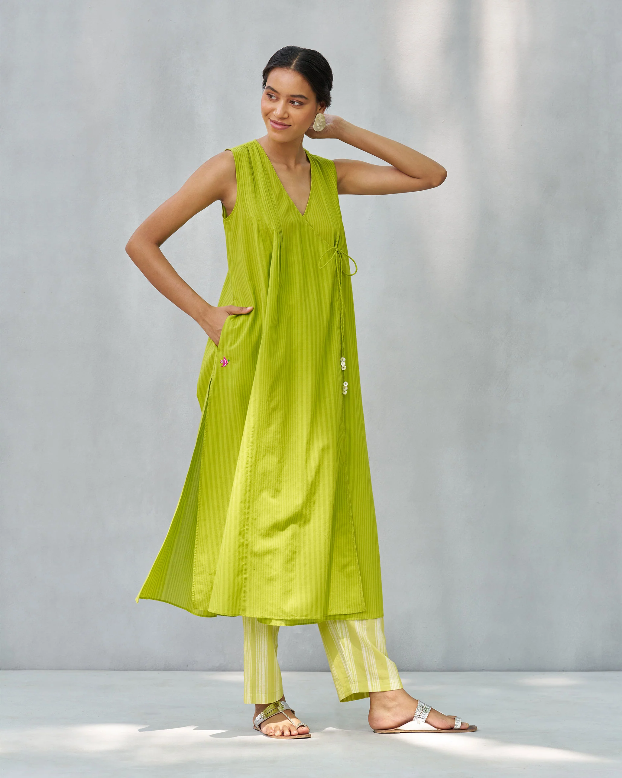 Pintuck Wrap Kurta - Lime - Image 5