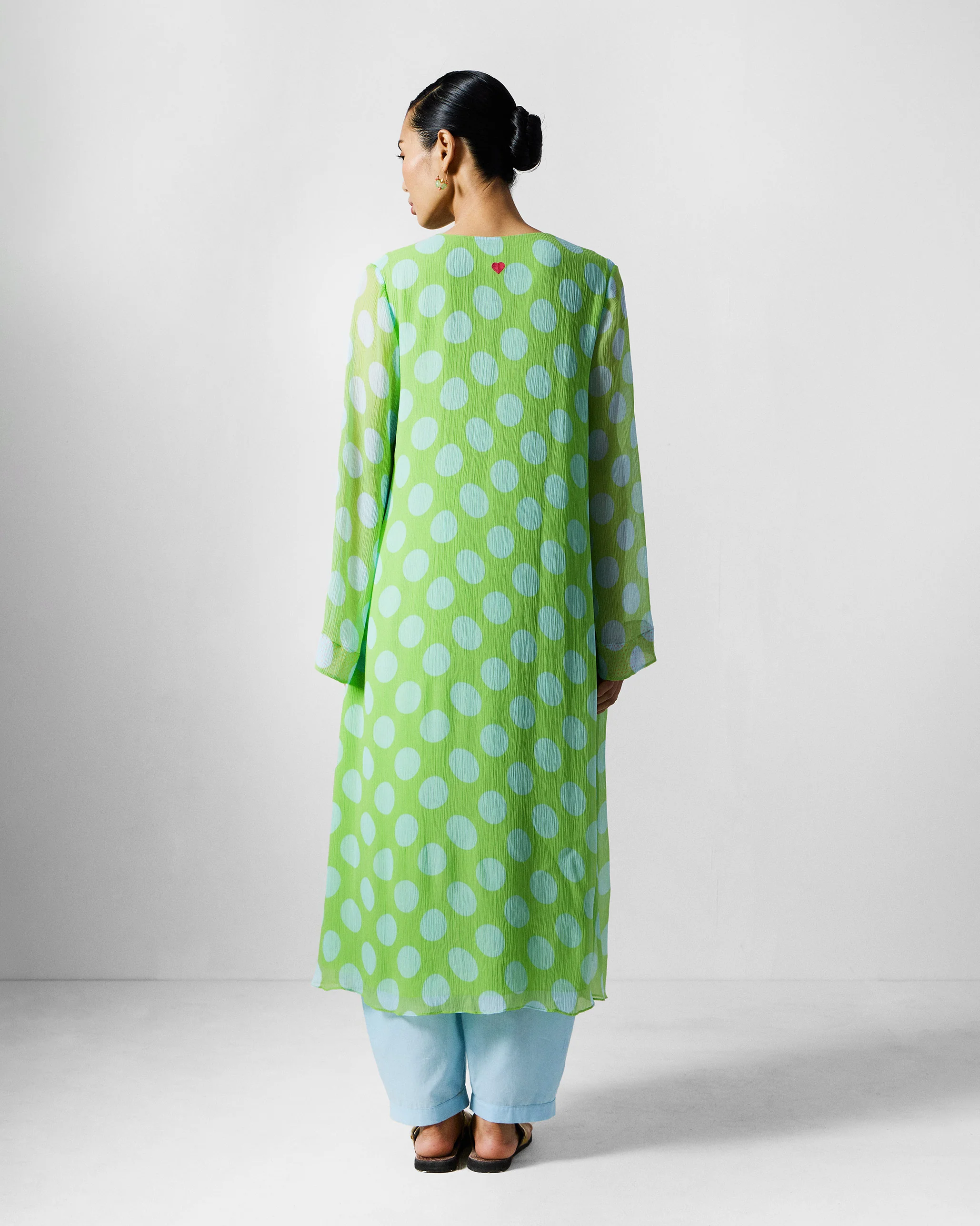 Pleated Bell Sleeve Kurta - Green & Blue Printed - Image 4
