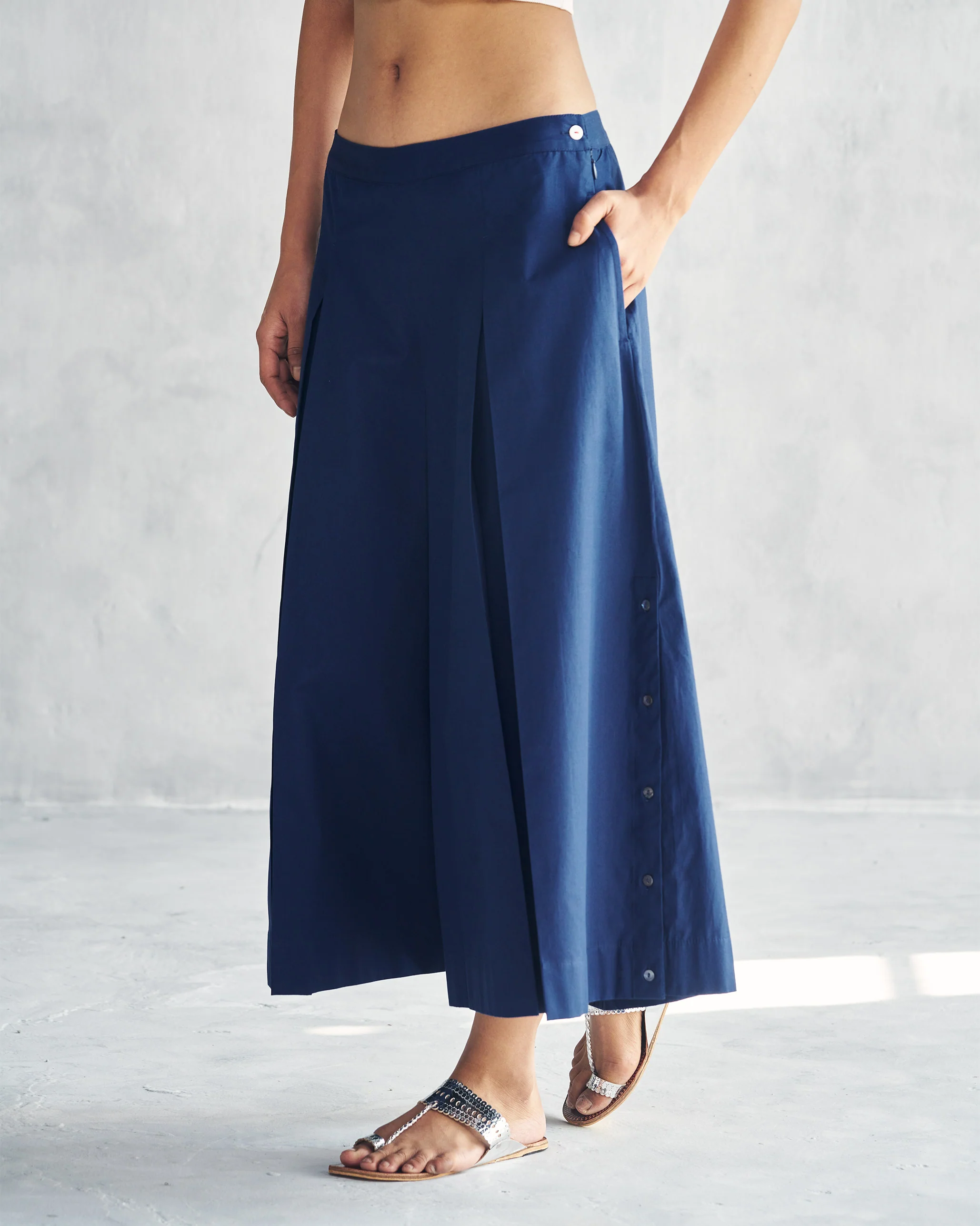 Pleated Flare Culottes - Indigo - Image 3