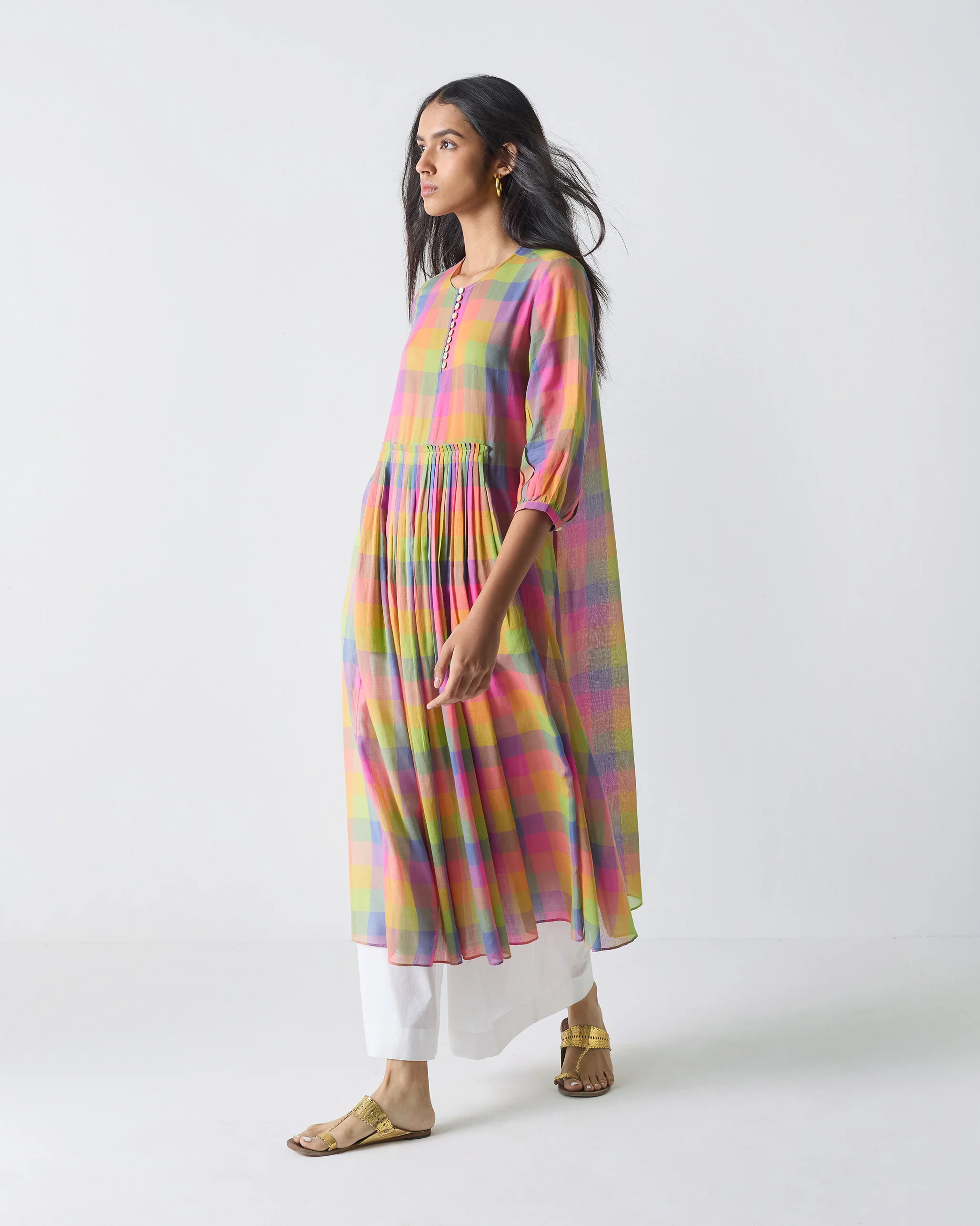 Pleated Waist Kurta - Multi Color Checks - Image 2