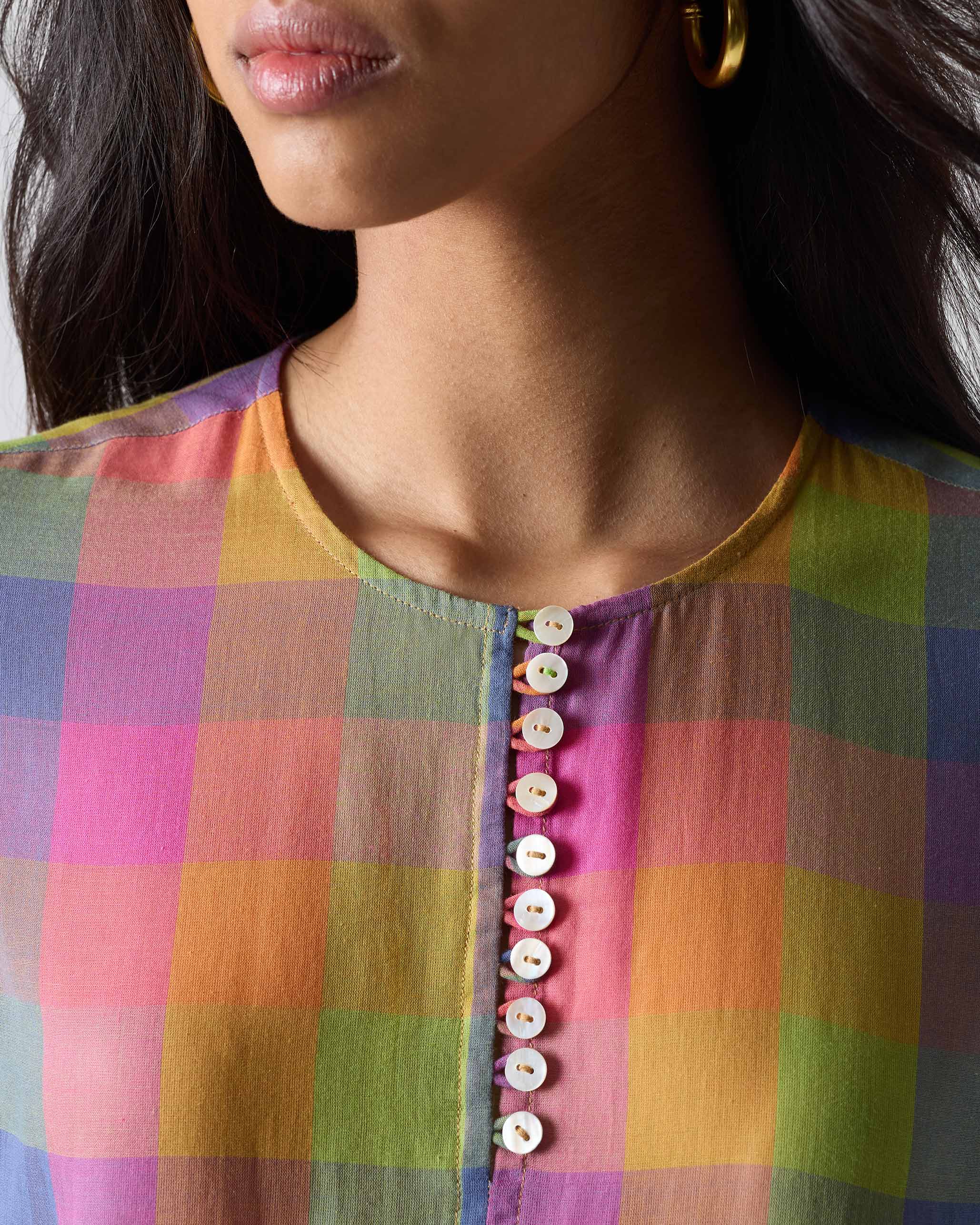 Pleated Waist Kurta - Multi Color Checks - Image 3