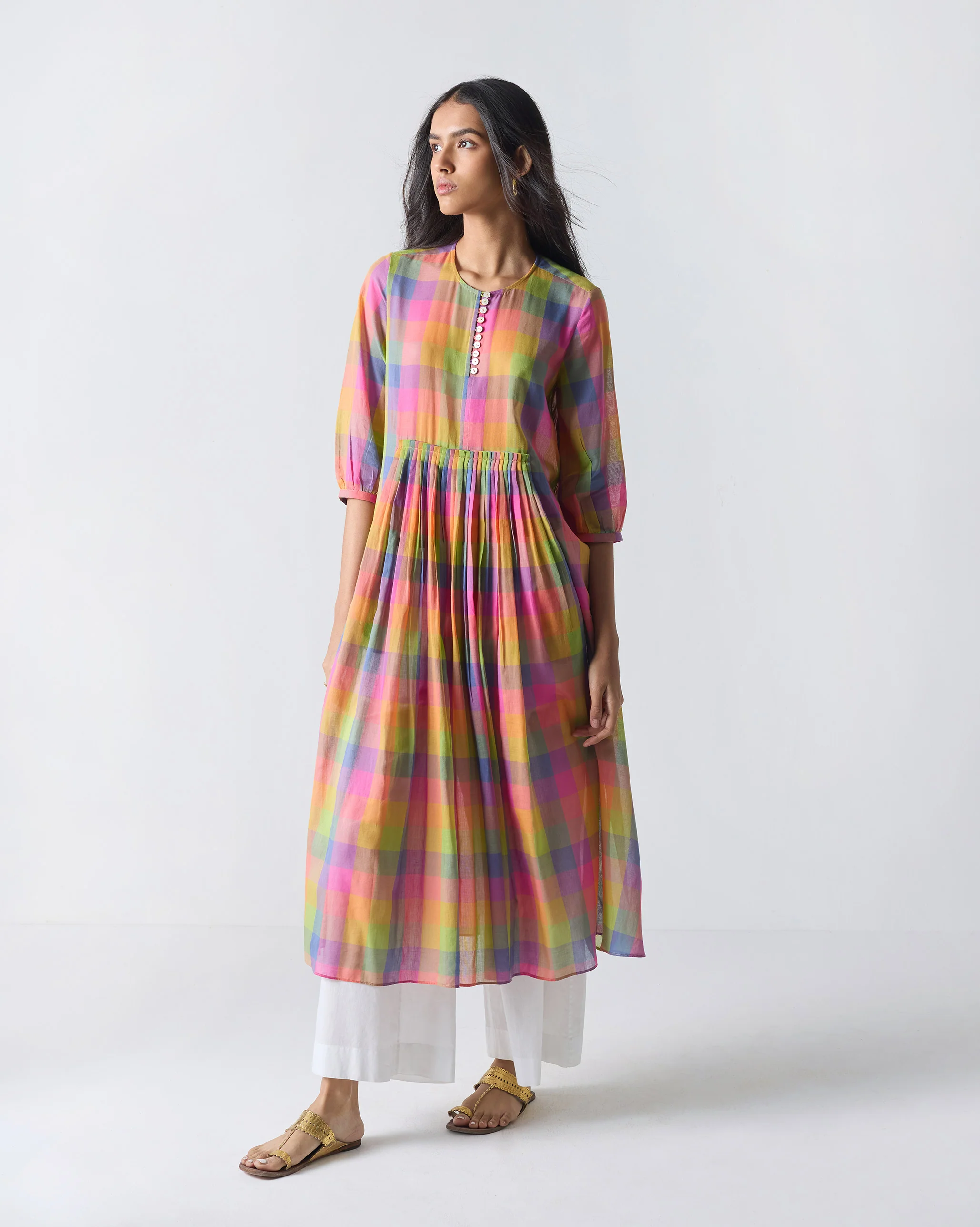 Pleated Waist Kurta - Multi Color Checks - Image 7