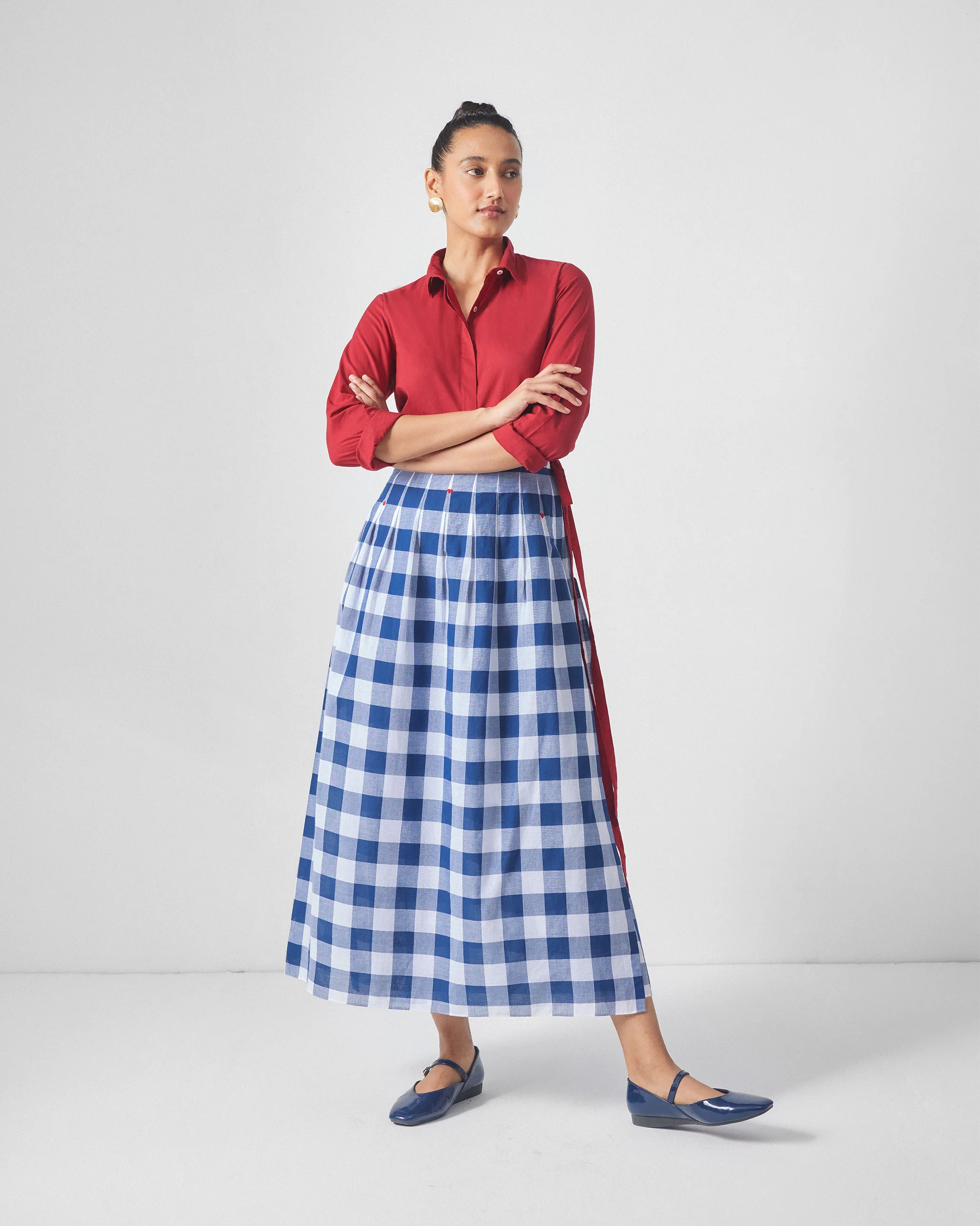 Pleated Wrap Skirt - Blue & White Checks - Image 5
