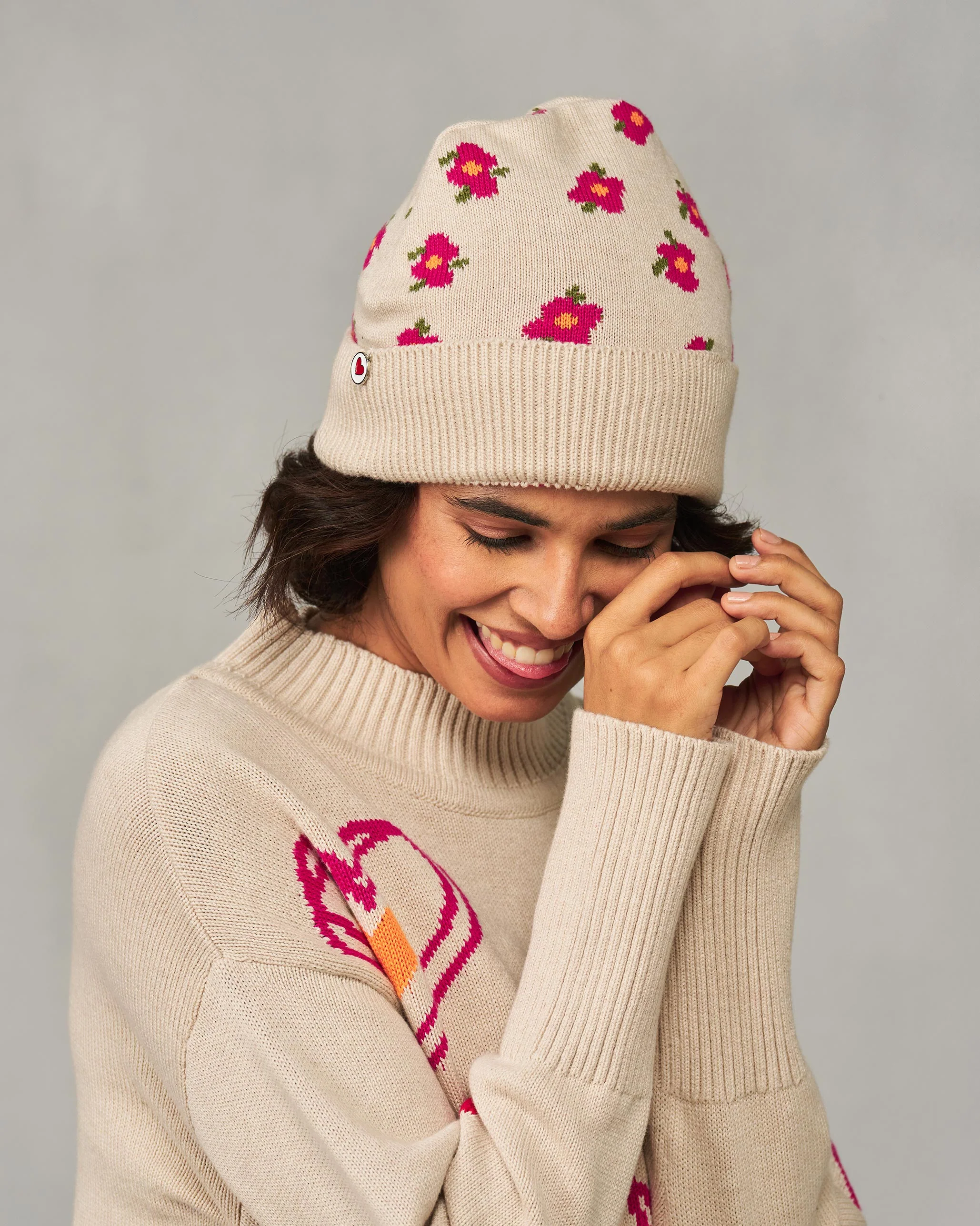 Retro Beanie - Oatmeal & Fuchsia - Image 2