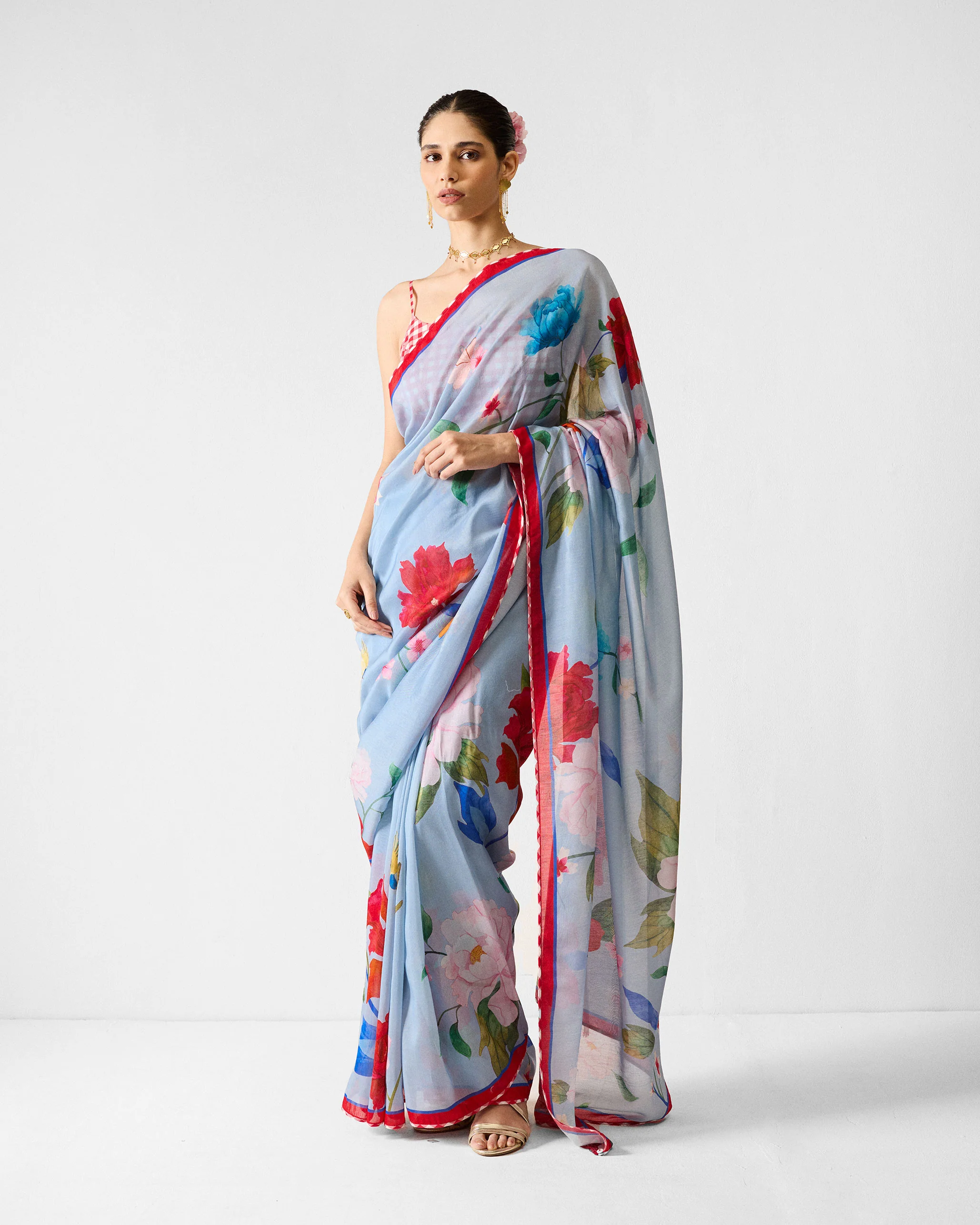 Roop Sari - Blue & Red Printed - Image 2