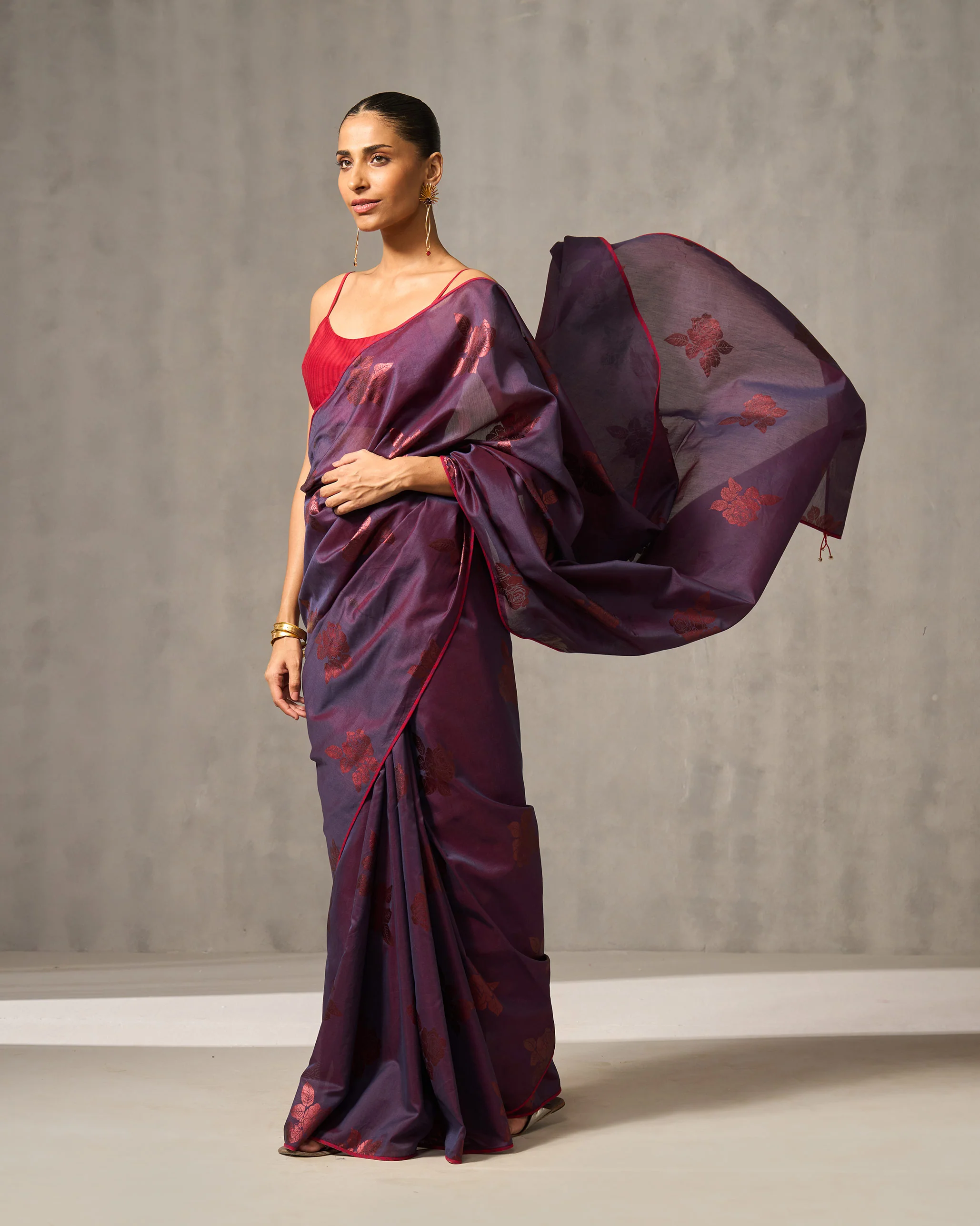 Rose Rush Sari - Purple & Foil Print - Image 2