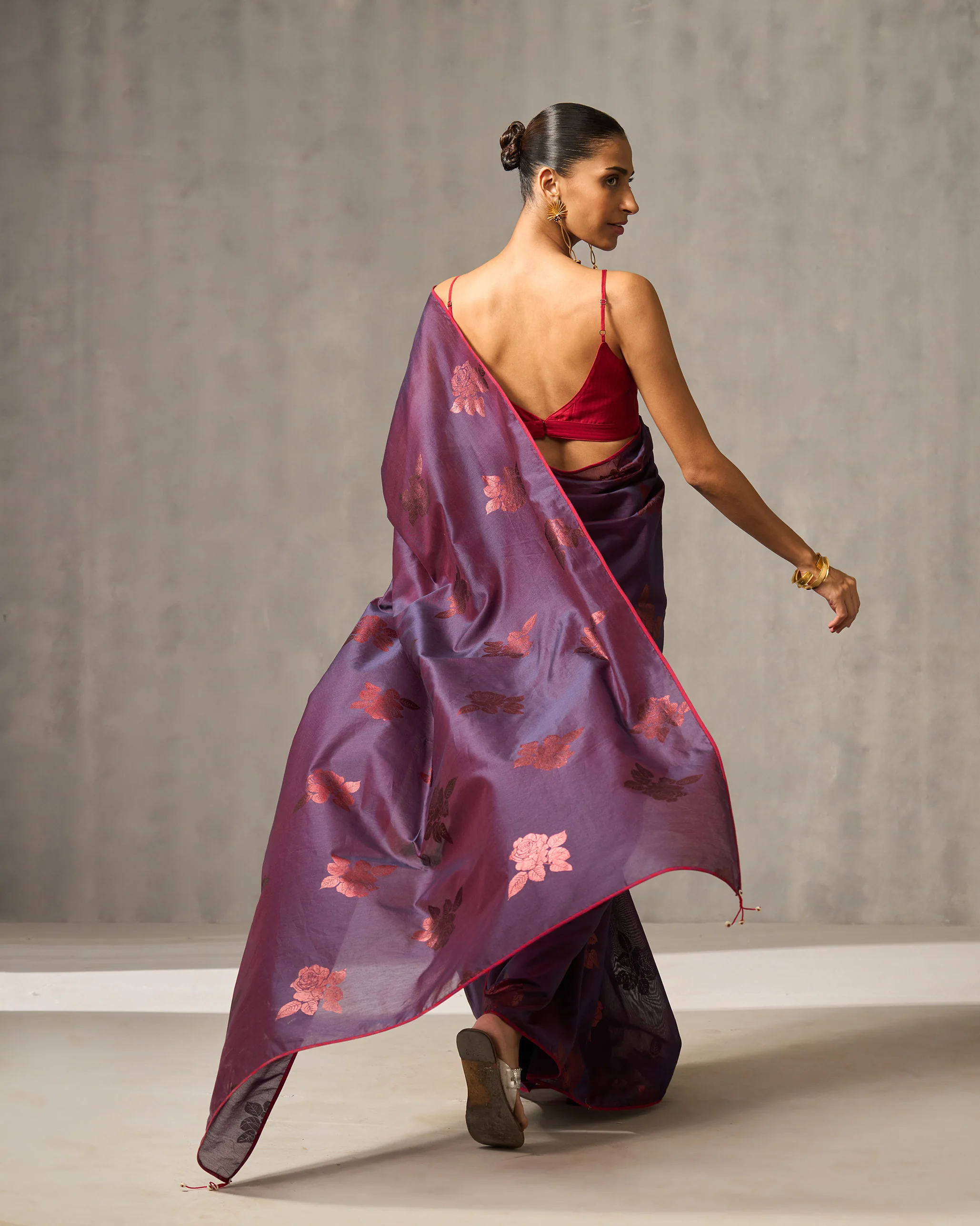 Rose Rush Sari - Purple & Foil Print - Image 4