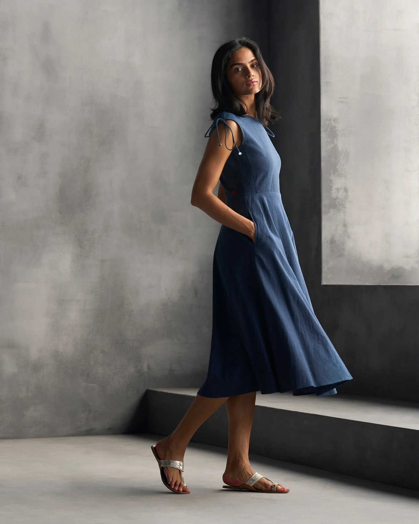 Ruched Shoulder Dress - Blue - Image 3