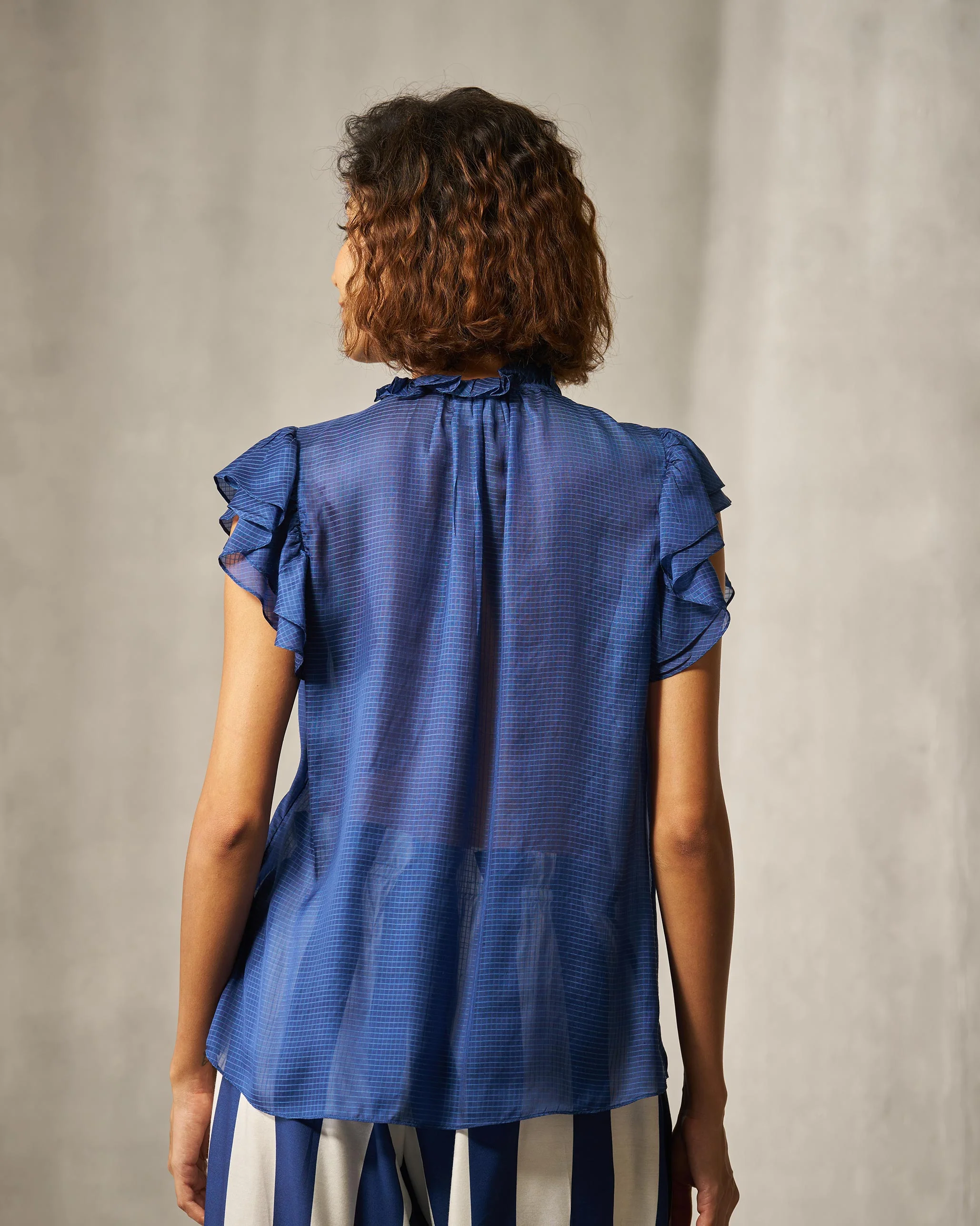 Ruffle Collar Shirt - Blue Checks - Image 2