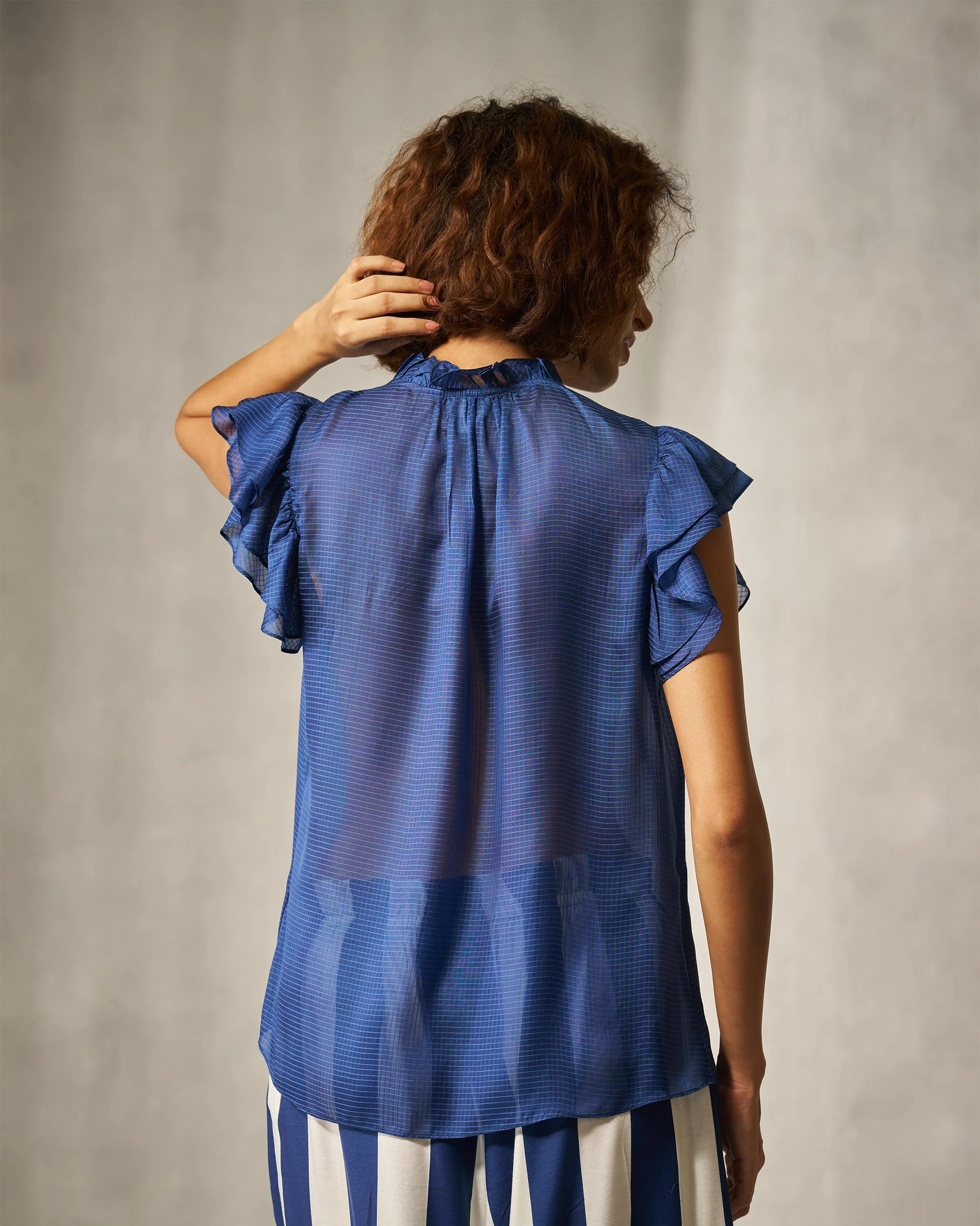 Ruffle Collar Shirt - Blue Checks - Image 5