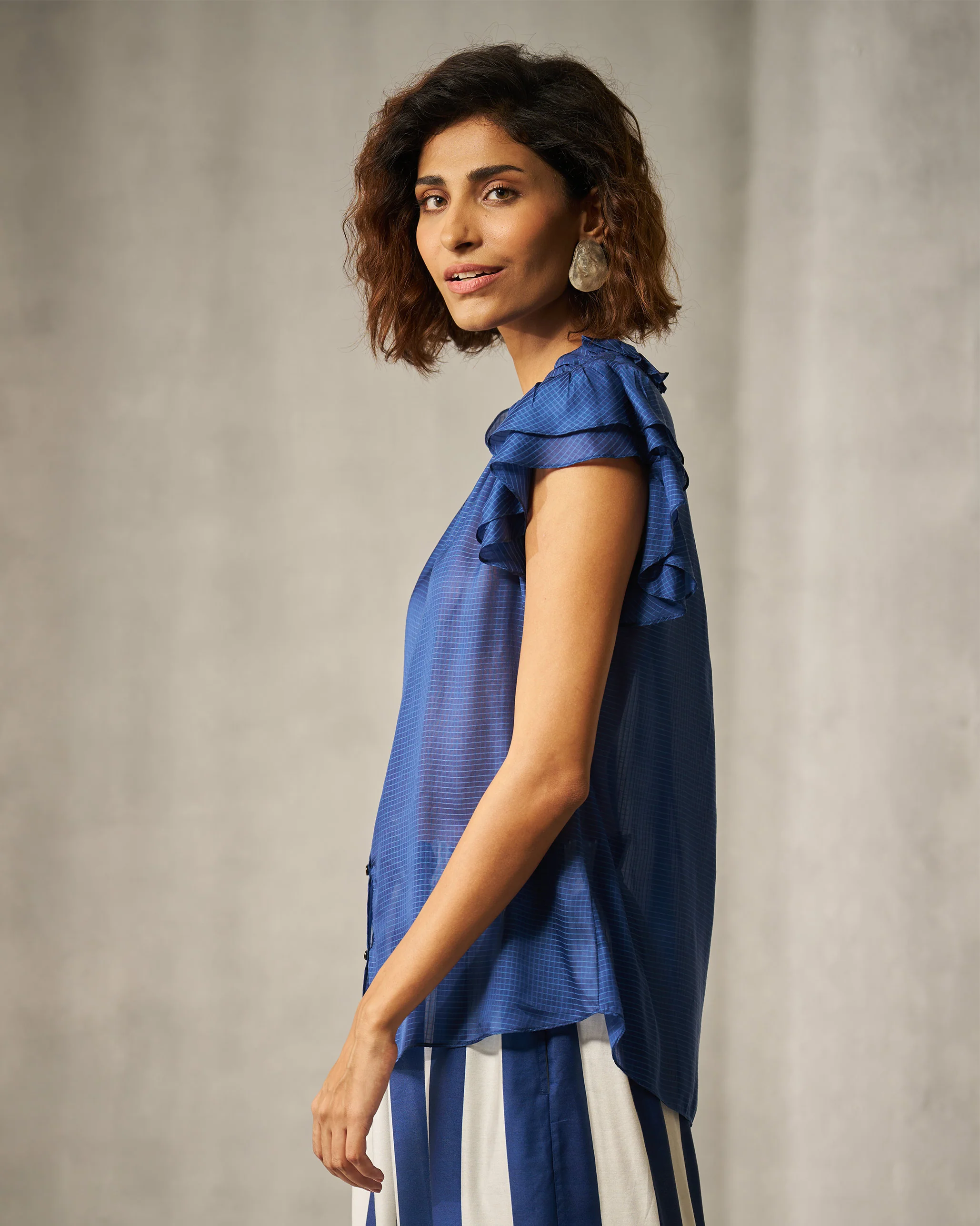 Ruffle Collar Shirt - Blue Checks - Image 6