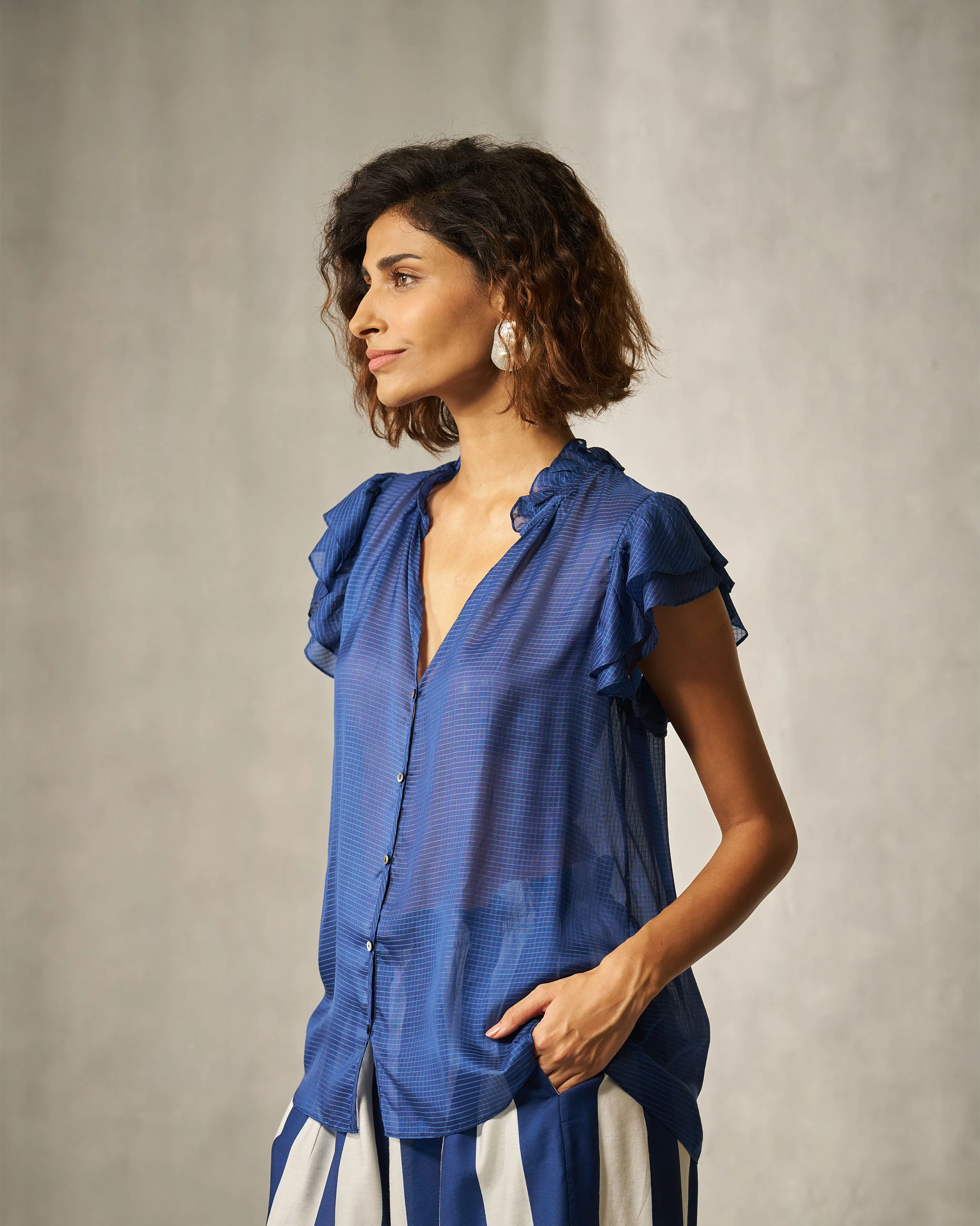 Ruffle Collar Shirt - Blue Checks - Image 7