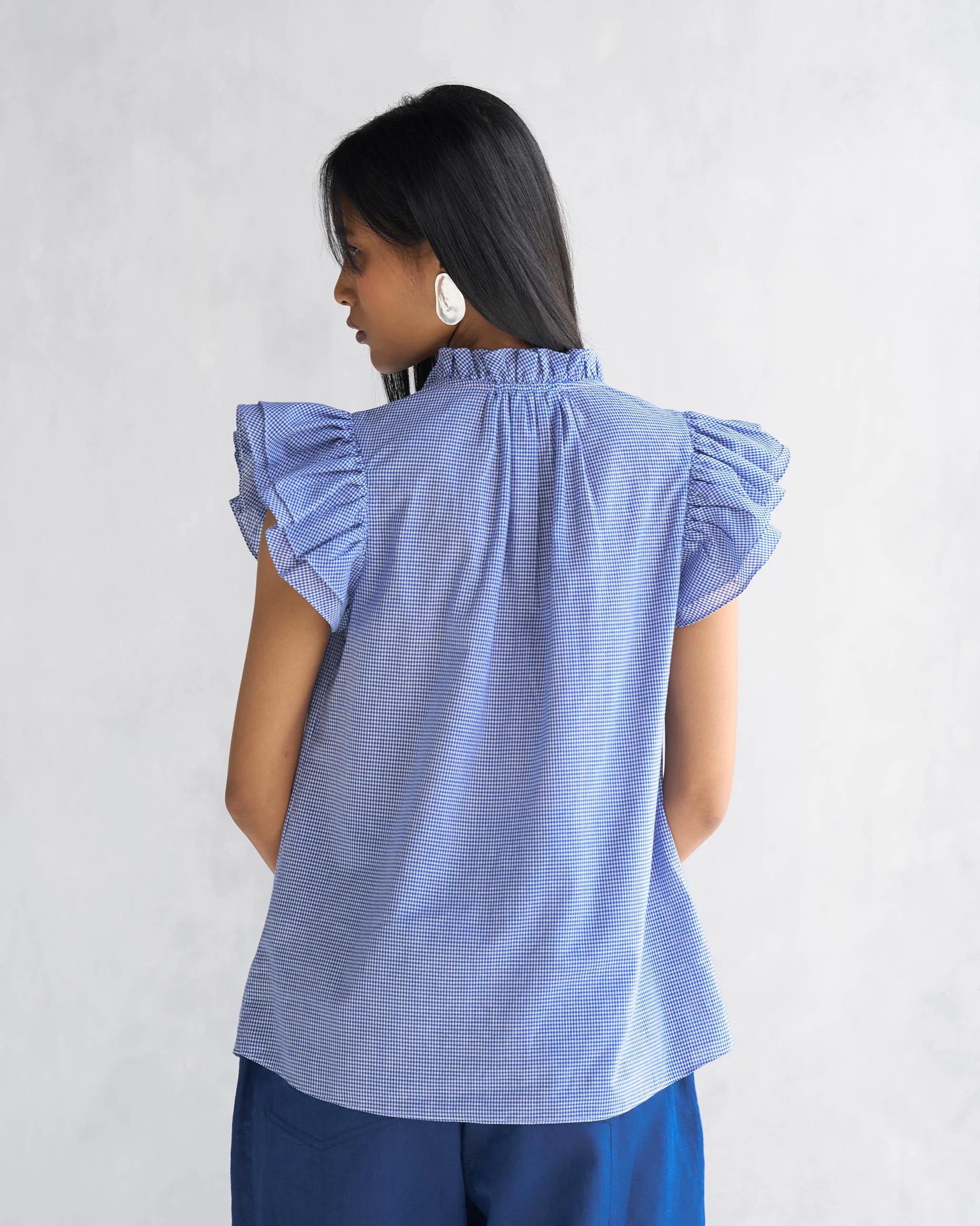 Ruffle Collar Shirt - Blue & White - Image 4