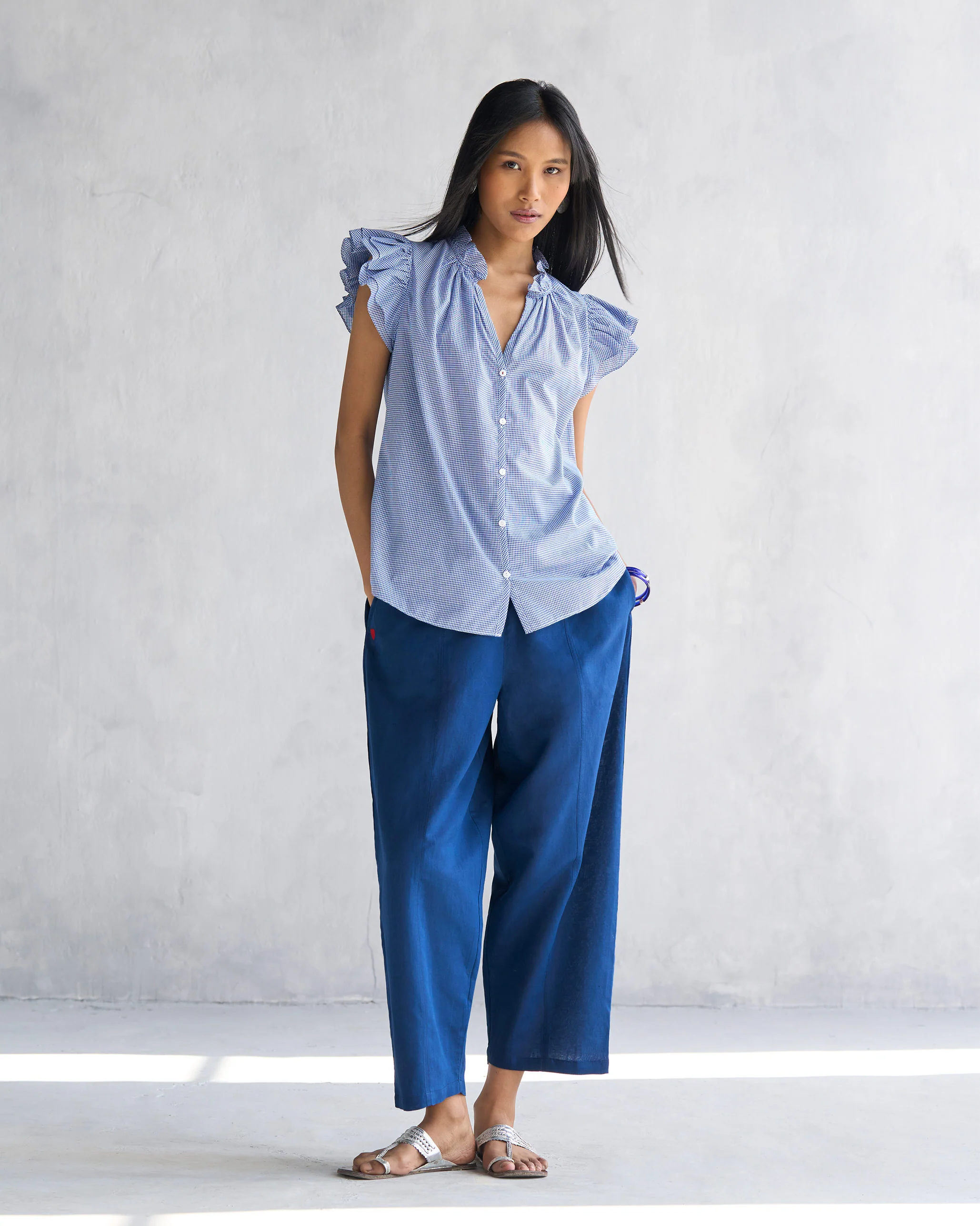 Ruffle Collar Shirt - Blue & White - Image 6