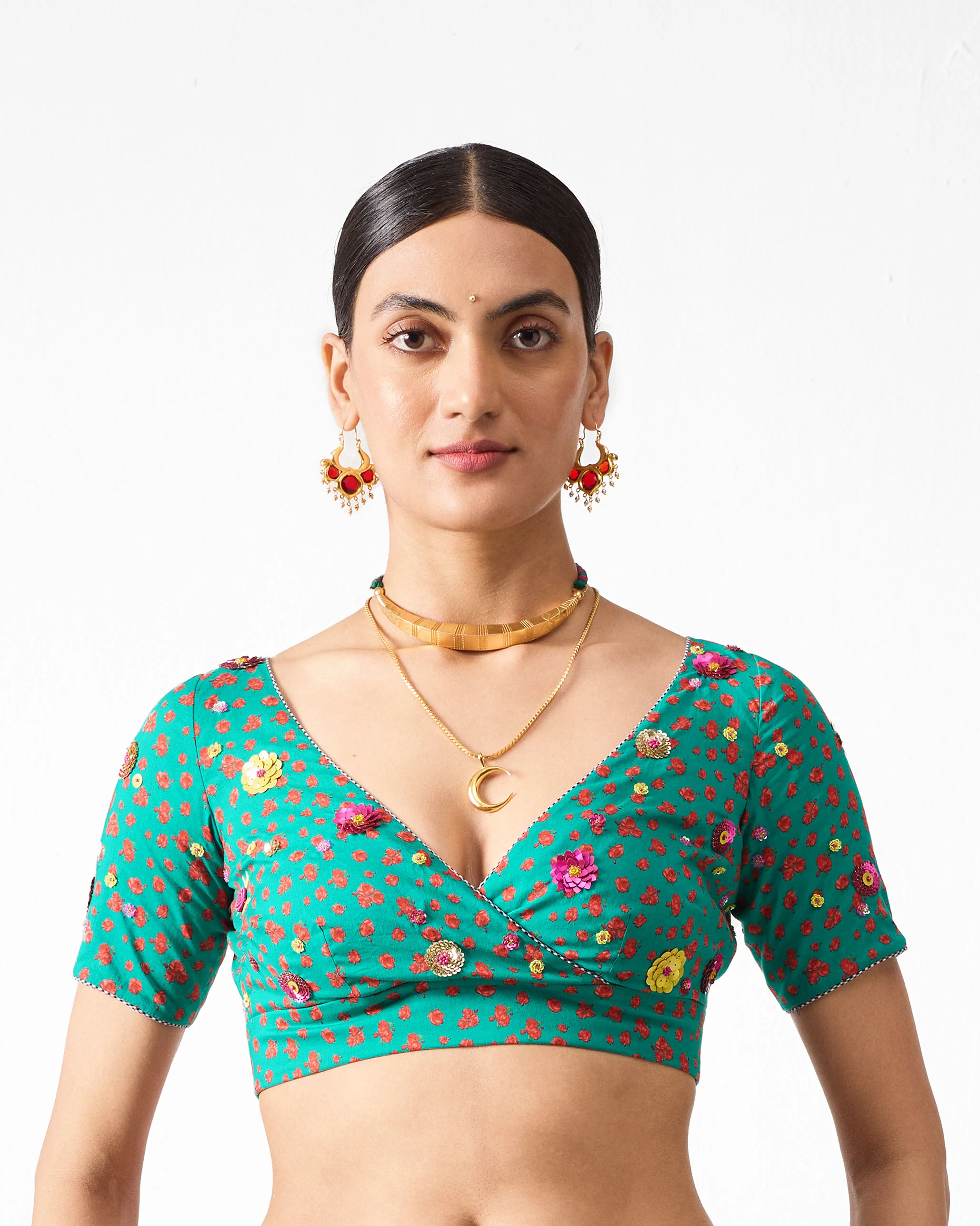 Saanjh Blouse - Red & Green Embroidered