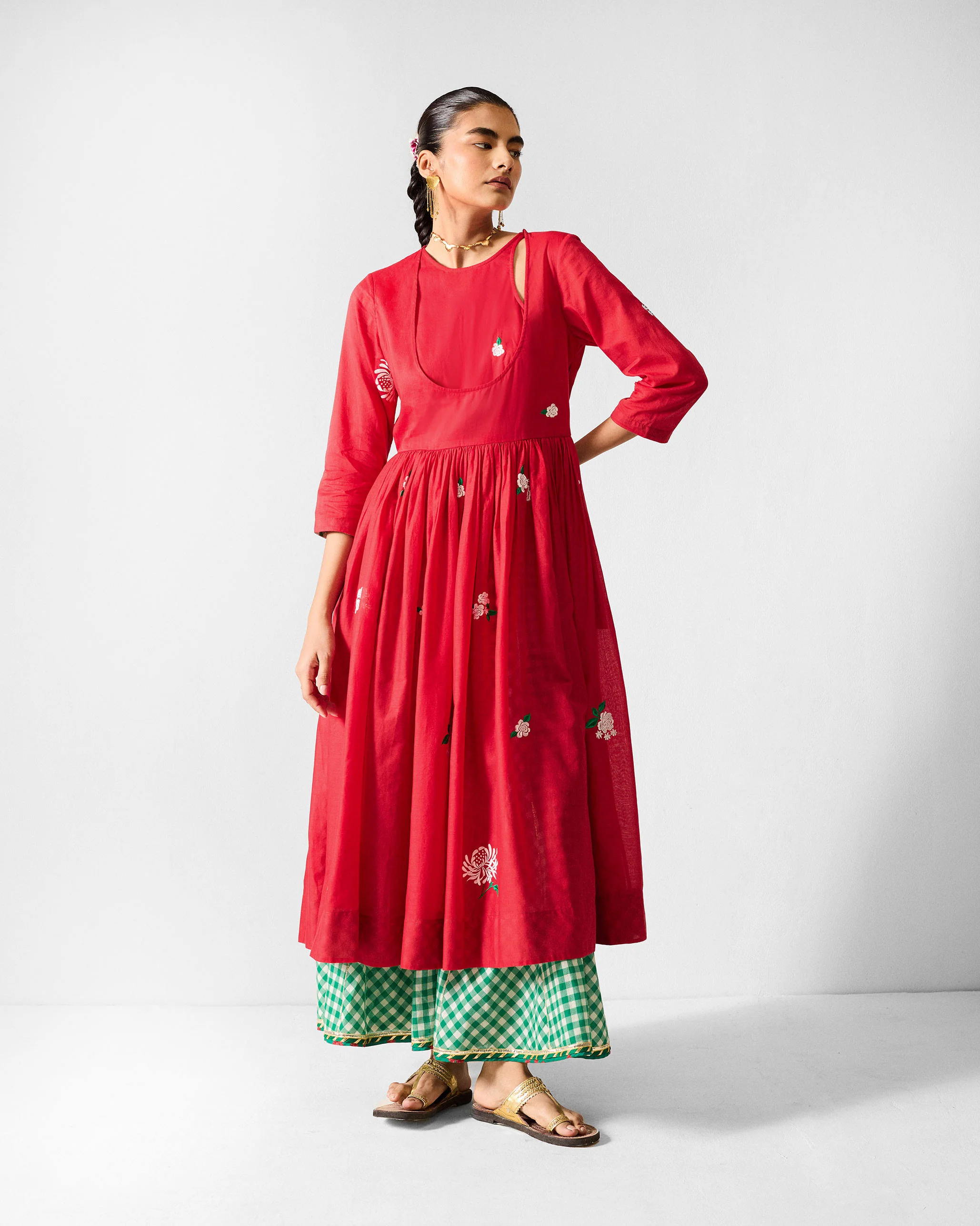 Fit & Flare Angrakha - Red & Ivory Embroidered - Image 8