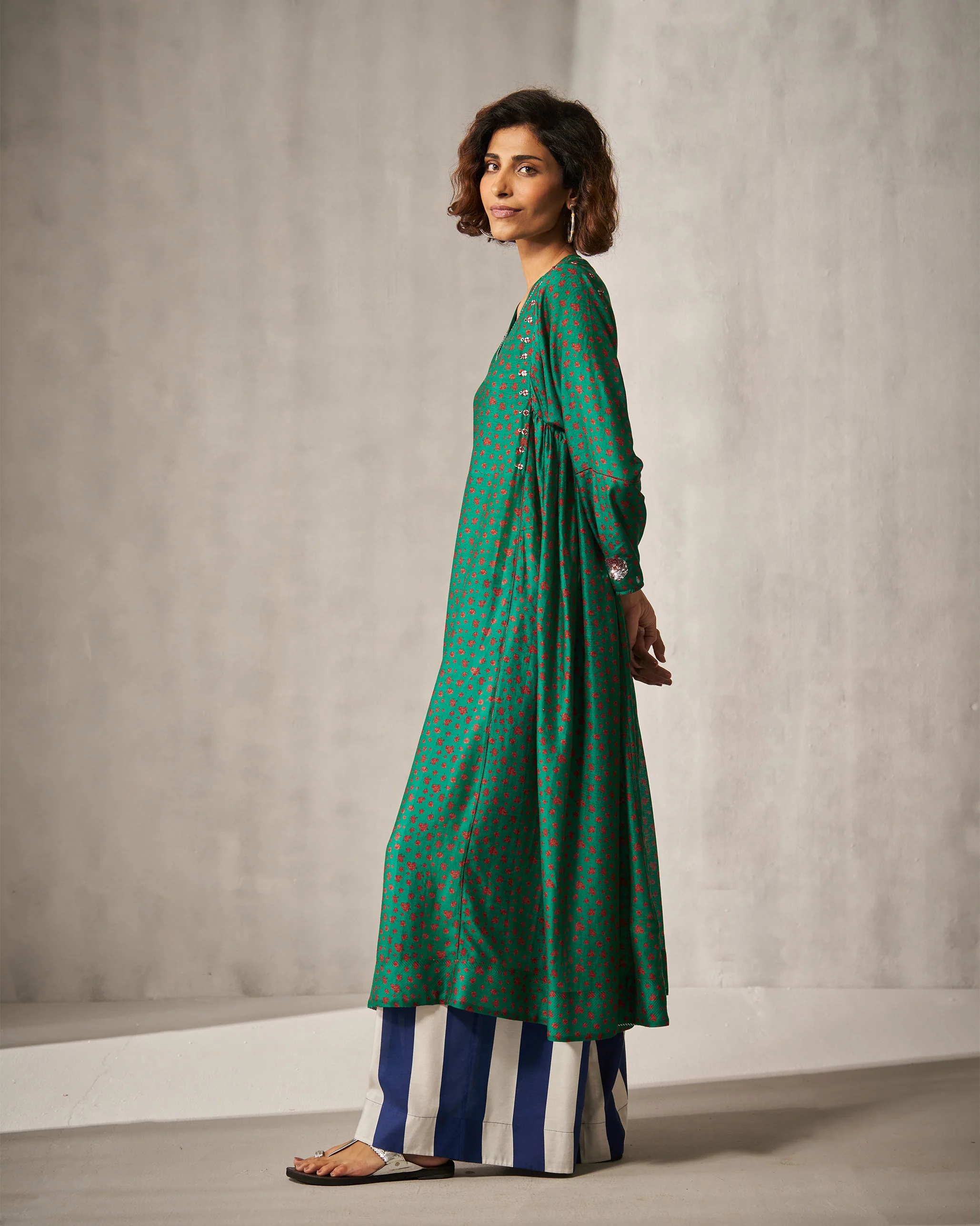 Sara Panelled Kurta - Green & Red Print - Image 2
