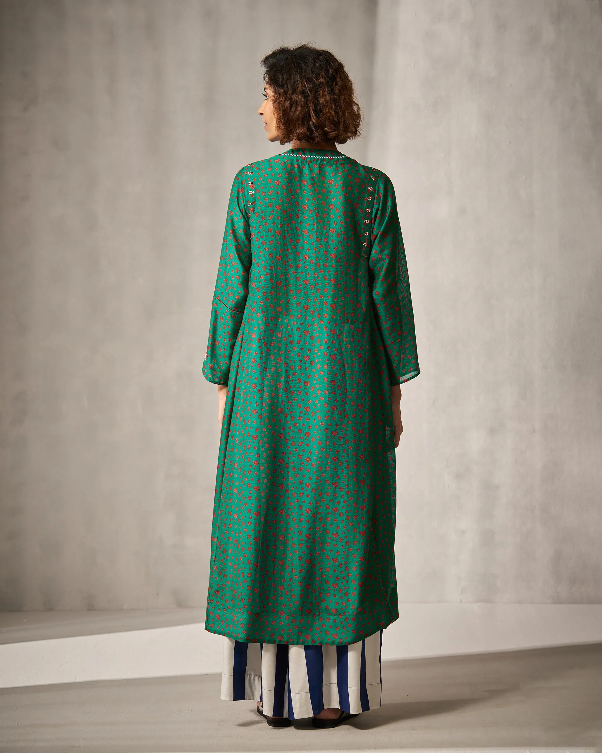 Sara Panelled Kurta - Green & Red Print - Image 4