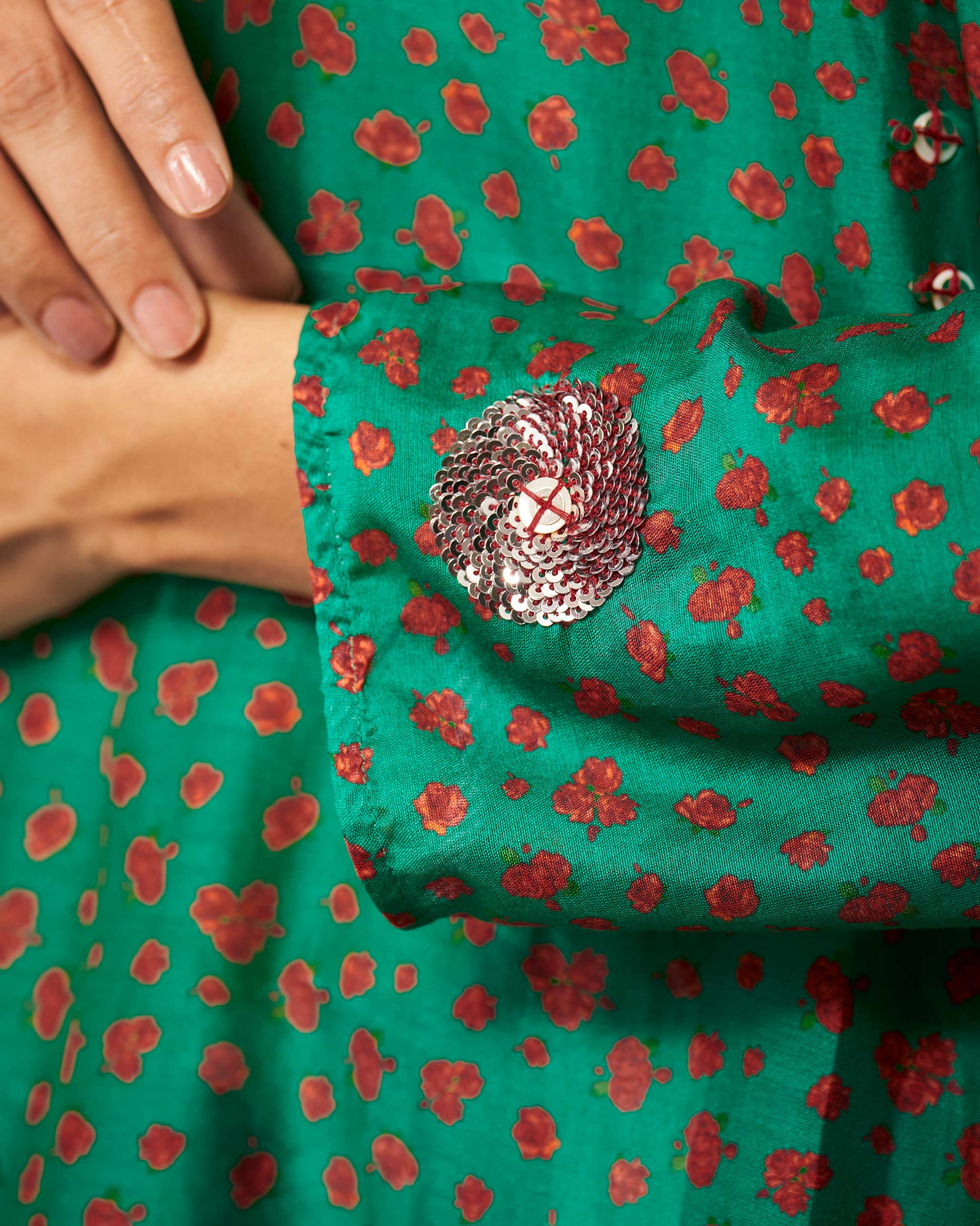 Sara Panelled Kurta - Green & Red Print - Image 5