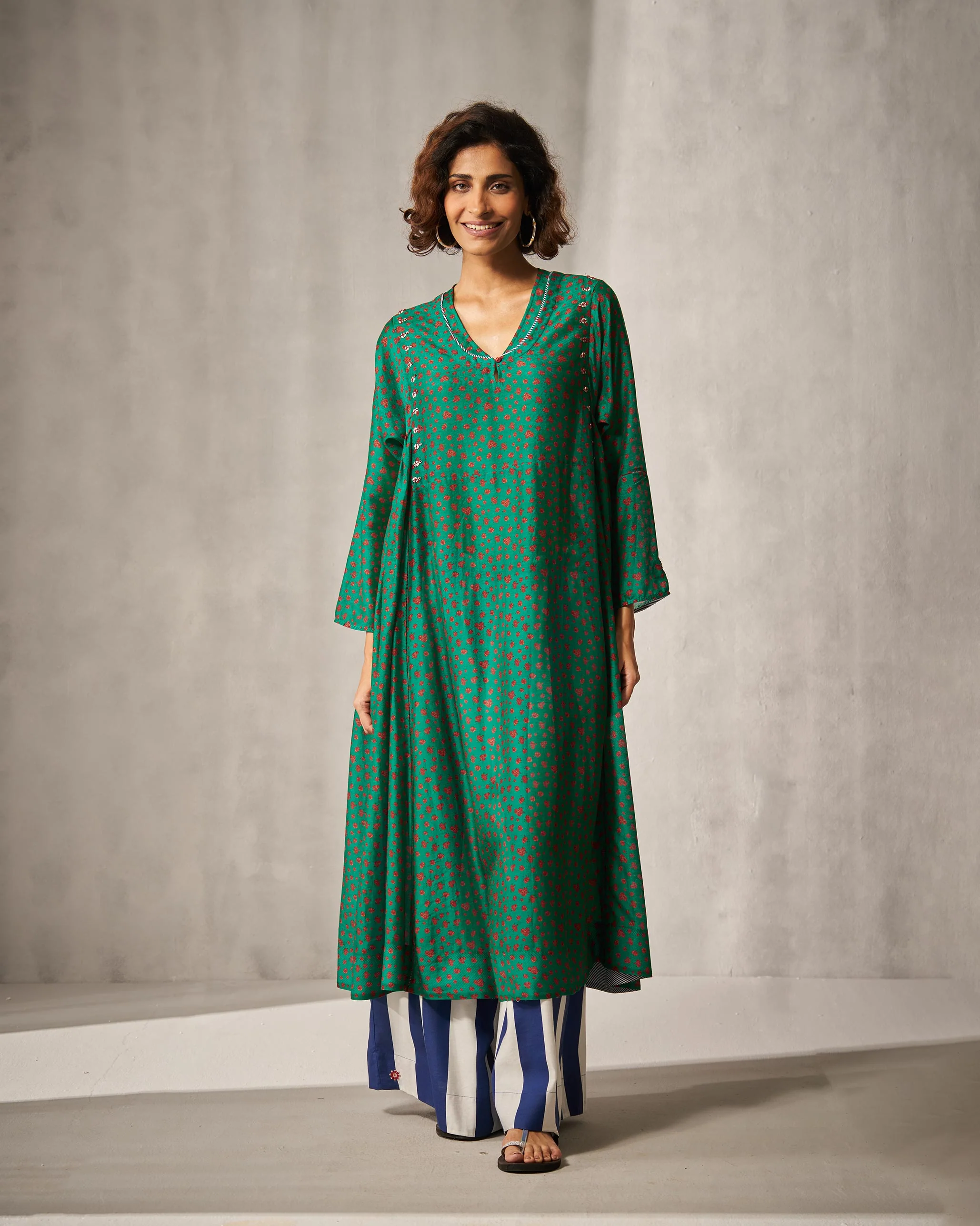 Sara Panelled Kurta - Green & Red Print - Image 6