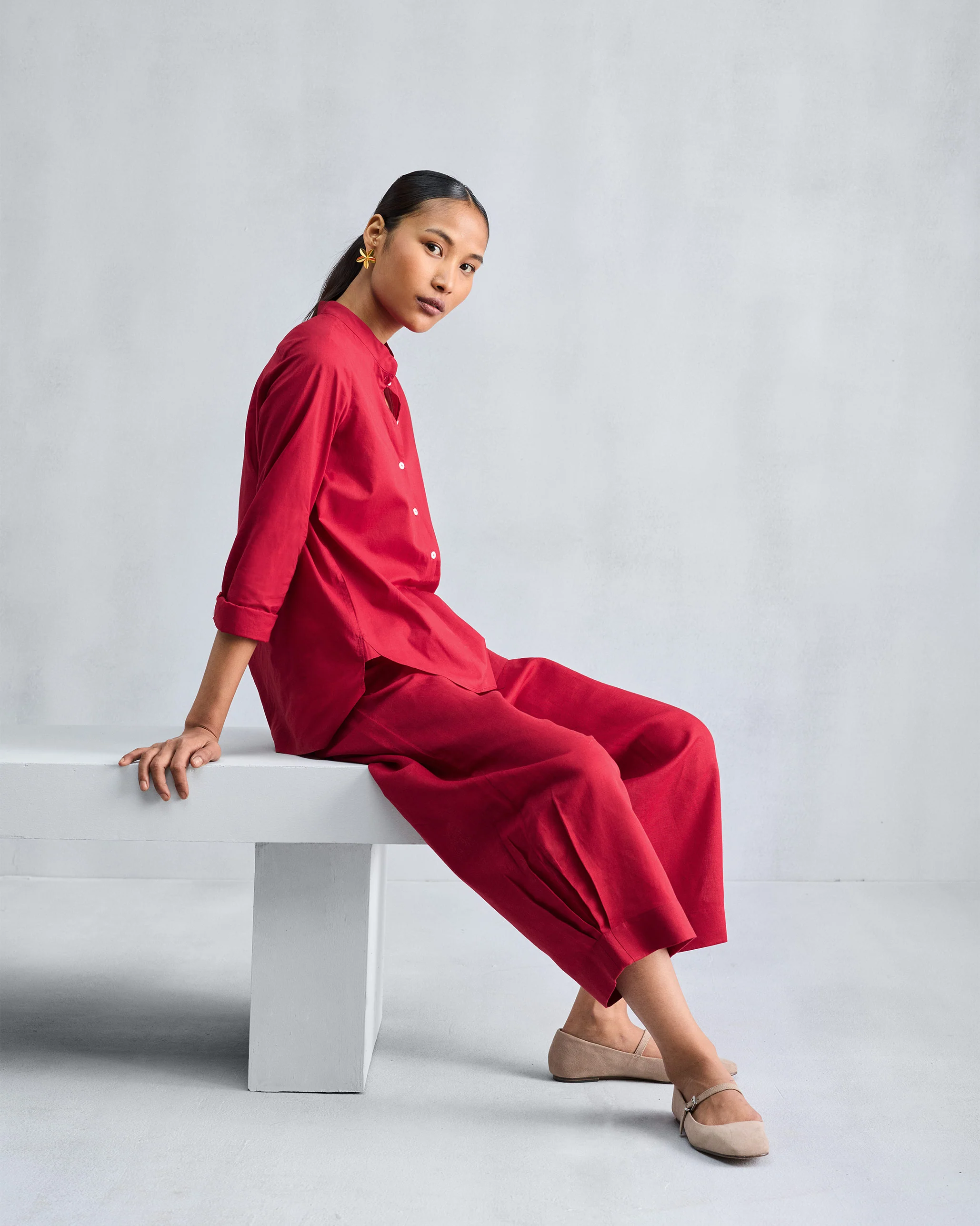 Mandarin Collar Top - Red - Image 6