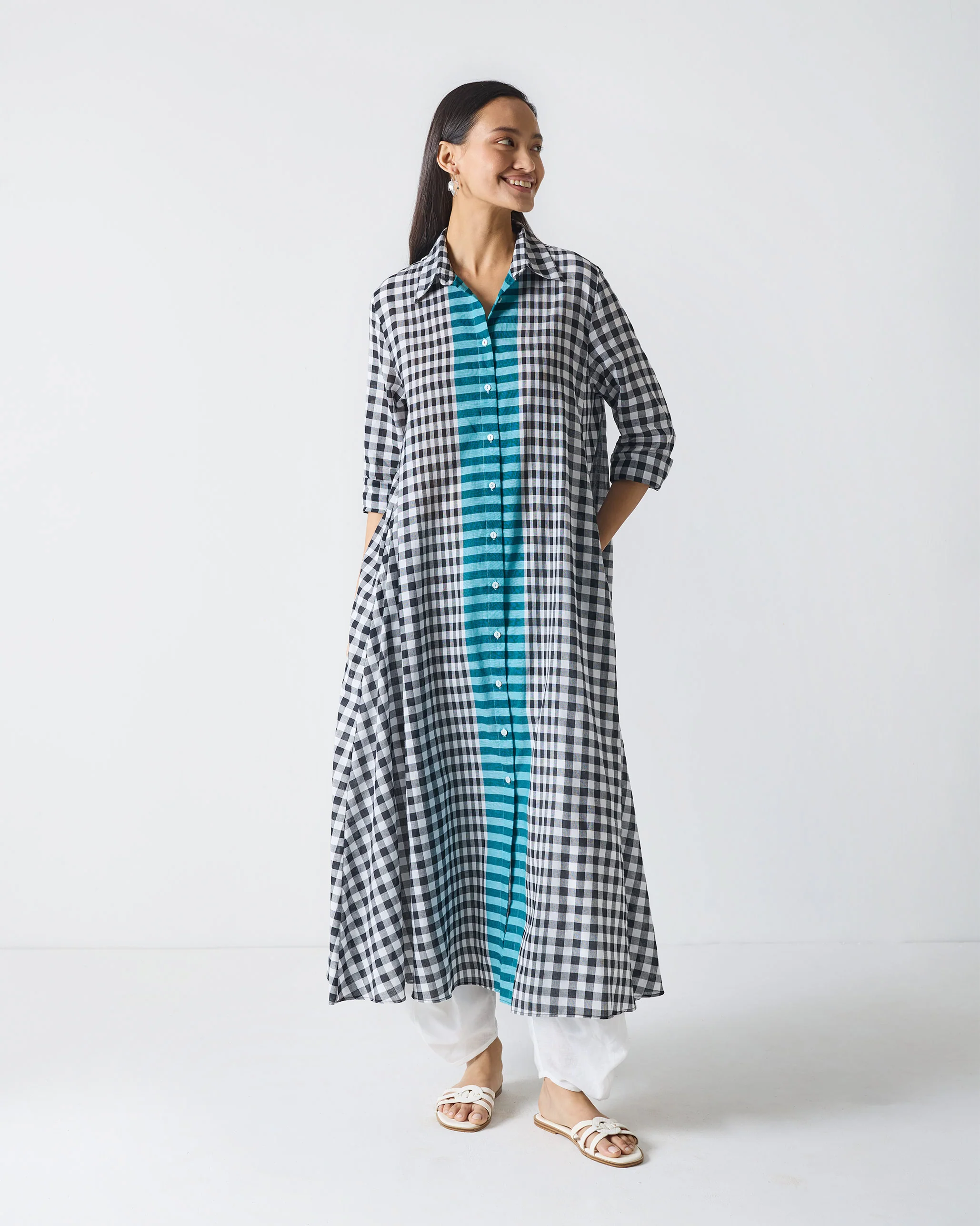 Shirt Collar Kurta - Black & White Checks - Image 2