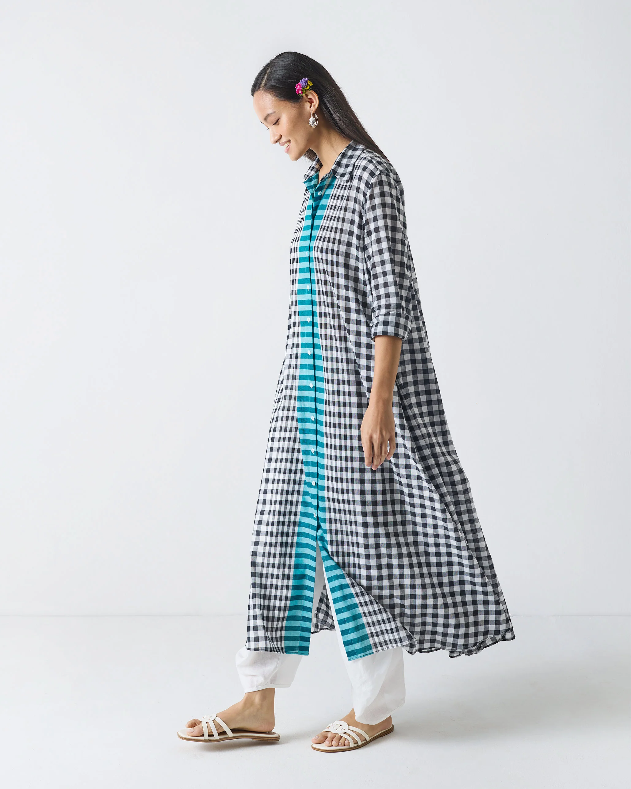 Shirt Collar Kurta - Black & White Checks - Image 3